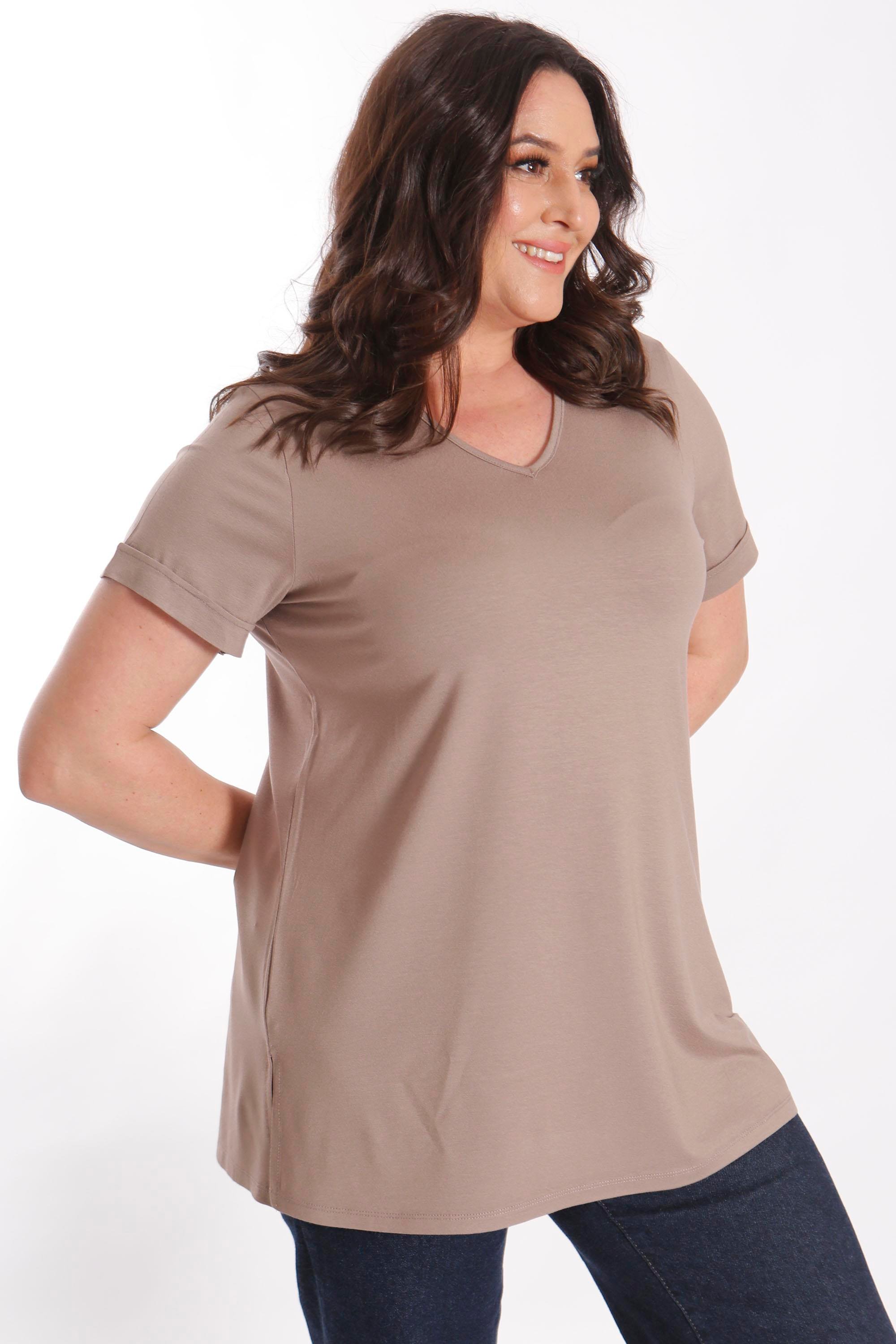 Büyük Beden Kadın V Yakalı Yırtmaçlı Basic Vizon Bluz (T-Shirt)