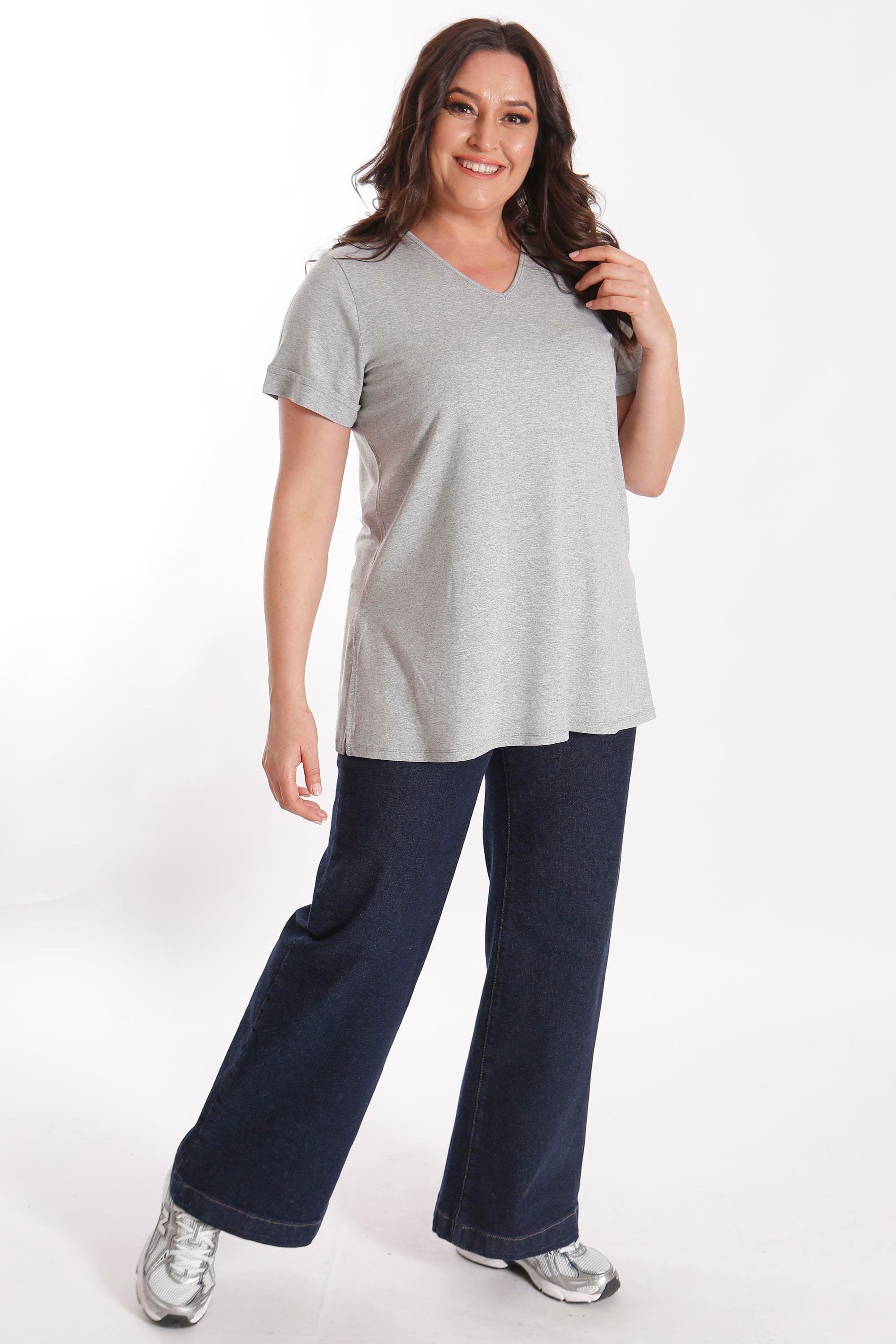 Büyük Beden Kadın V Yakalı Yırtmaçlı Basic Gri Bluz (T-Shirt)