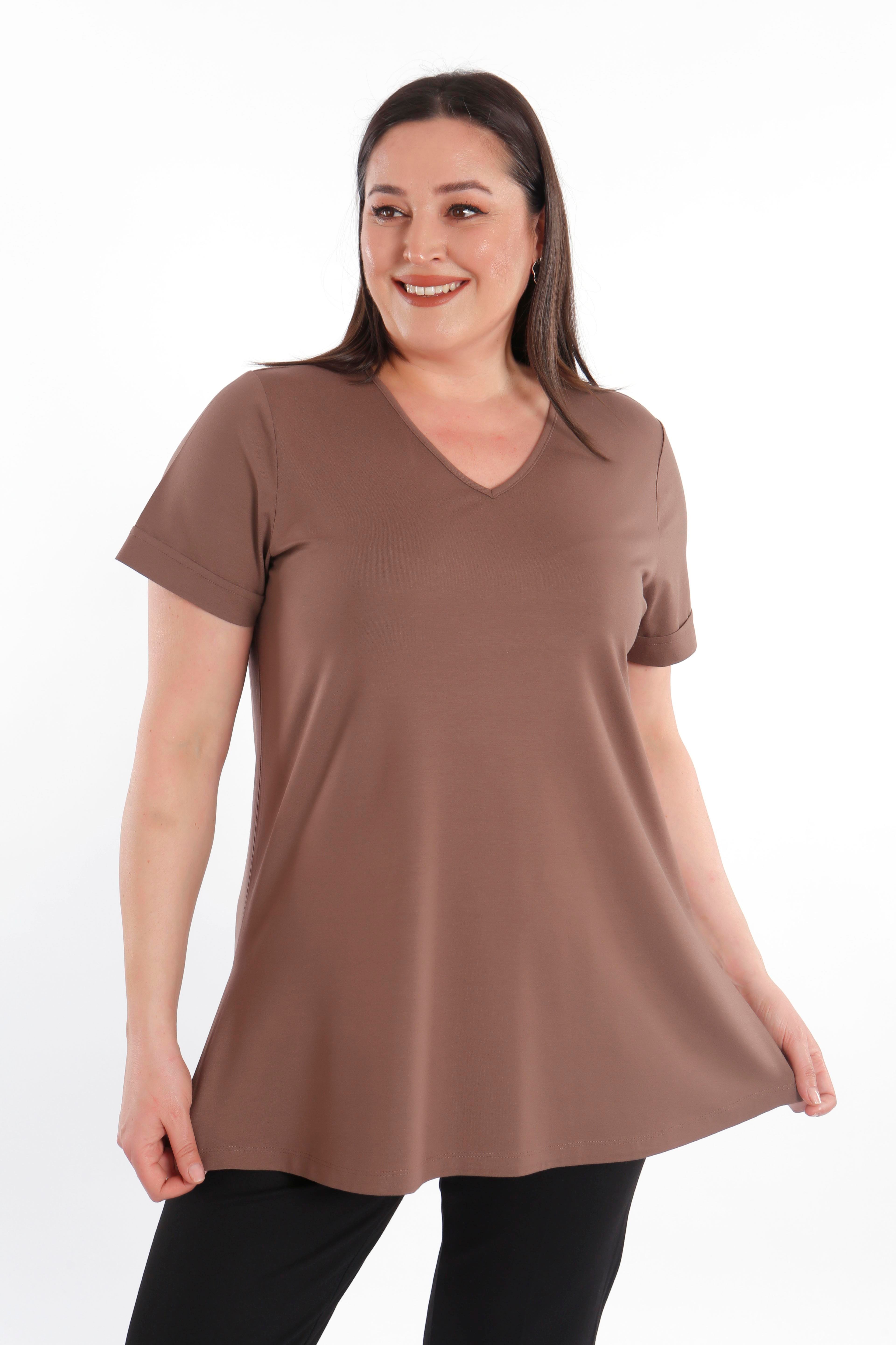 Büyük Beden Kadın V Yakalı Yırtmaçlı Basic Kahverengi Bluz (T-Shirt)