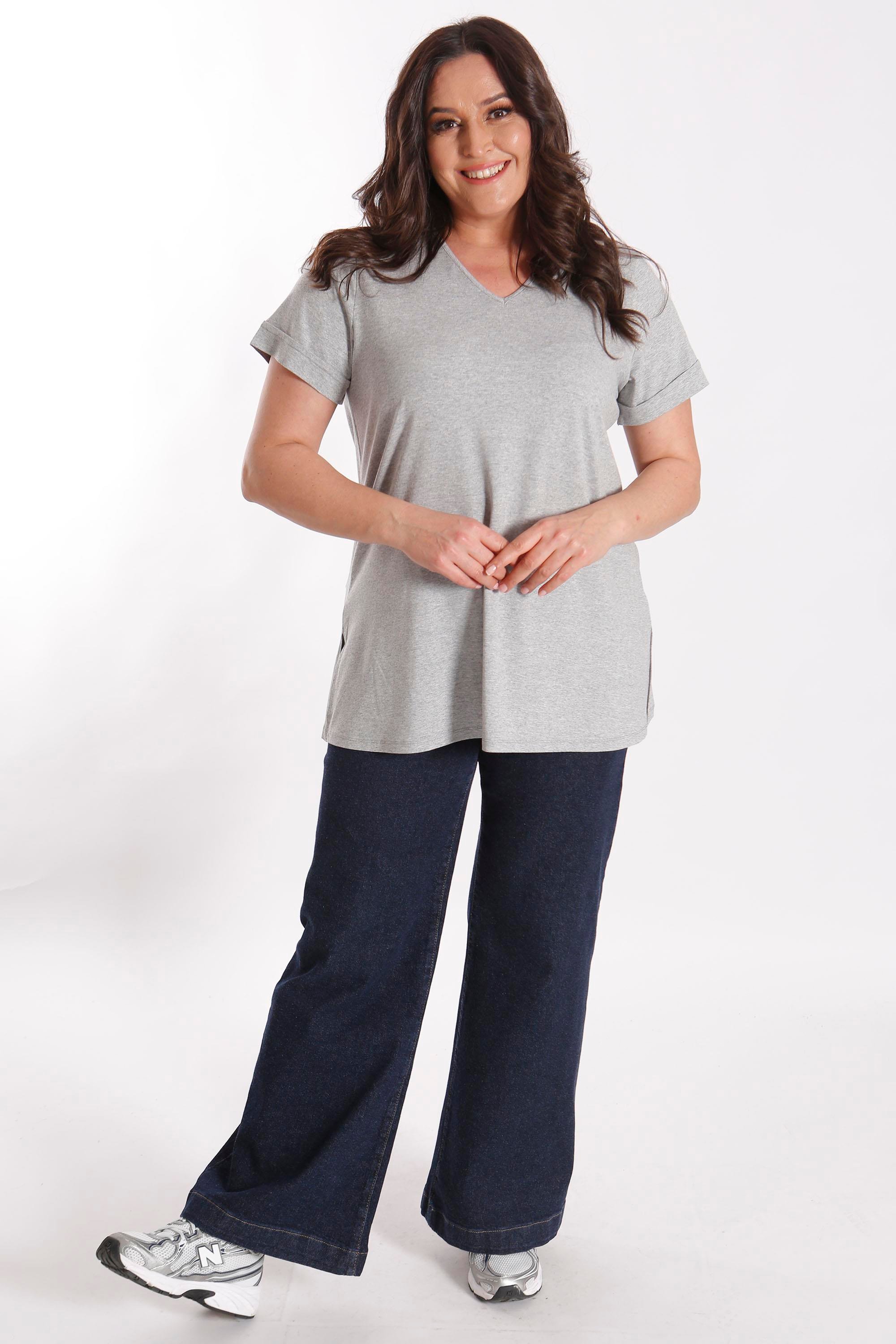 Büyük Beden Kadın V Yakalı Yırtmaçlı Basic Gri Bluz (T-Shirt)