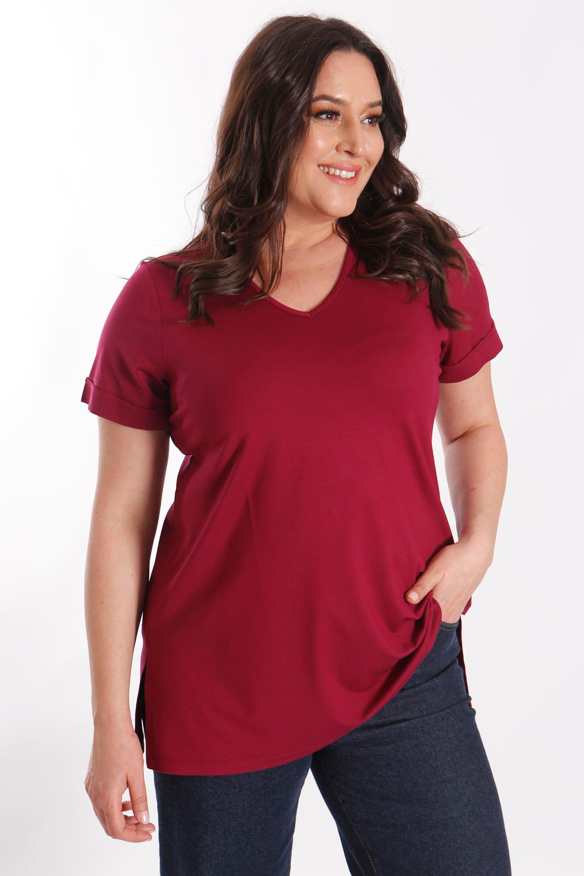 Büyük Beden Kadın V Yakalı Yırtmaçlı Basic Bordo Bluz (T-Shirt)