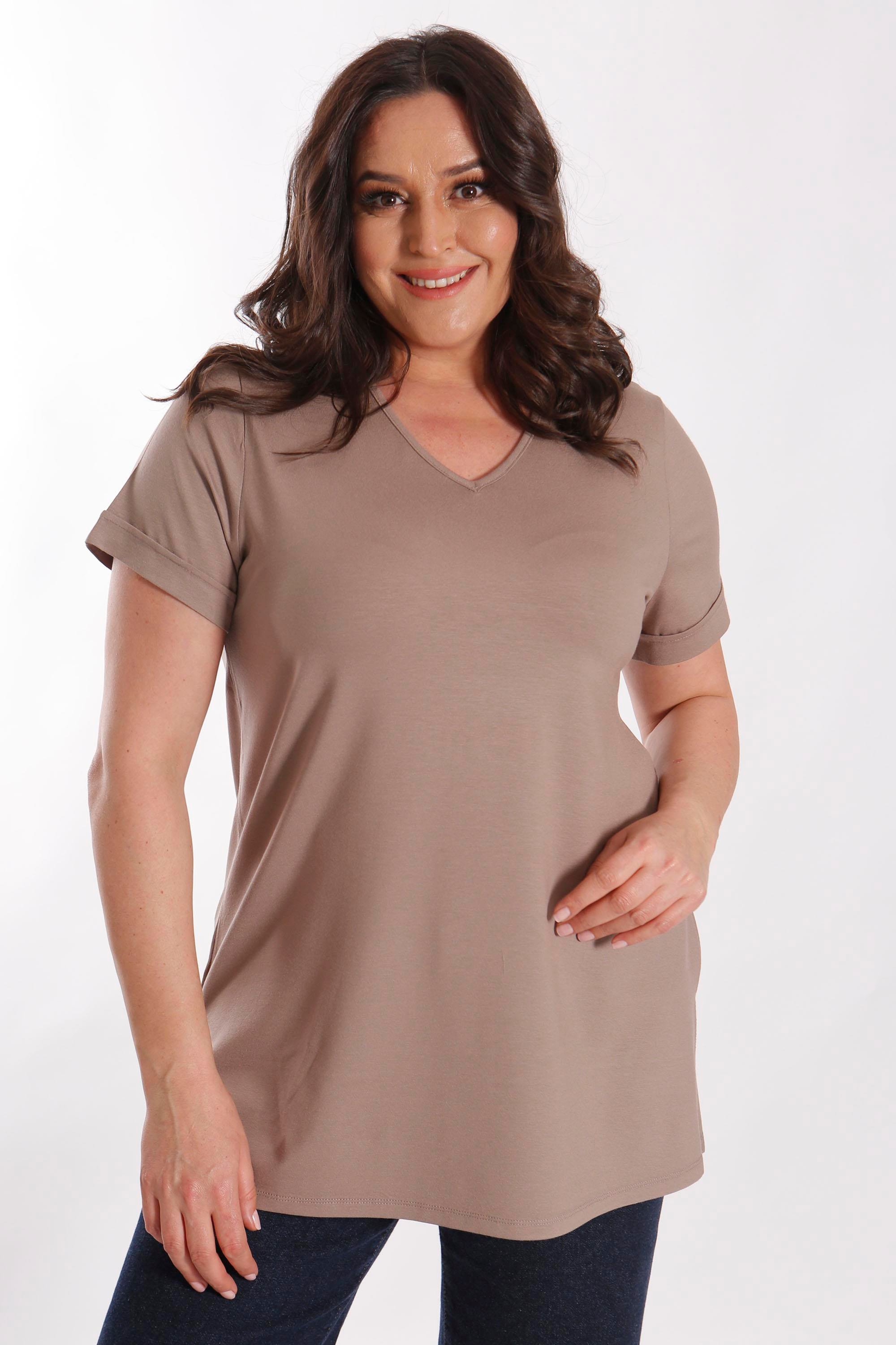 Büyük Beden Kadın V Yakalı Yırtmaçlı Basic Vizon Bluz (T-Shirt)