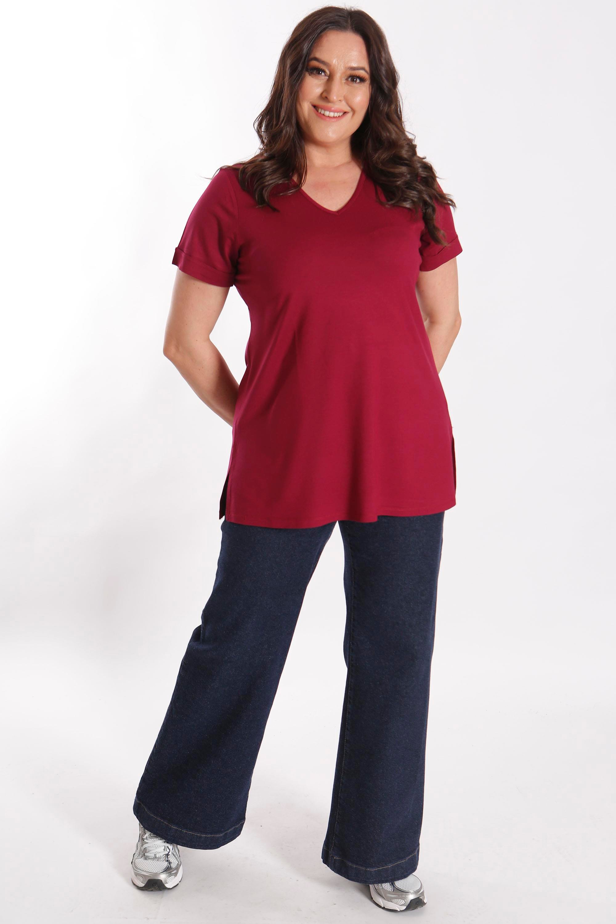 Büyük Beden Kadın V Yakalı Yırtmaçlı Basic Bordo Bluz (T-Shirt)