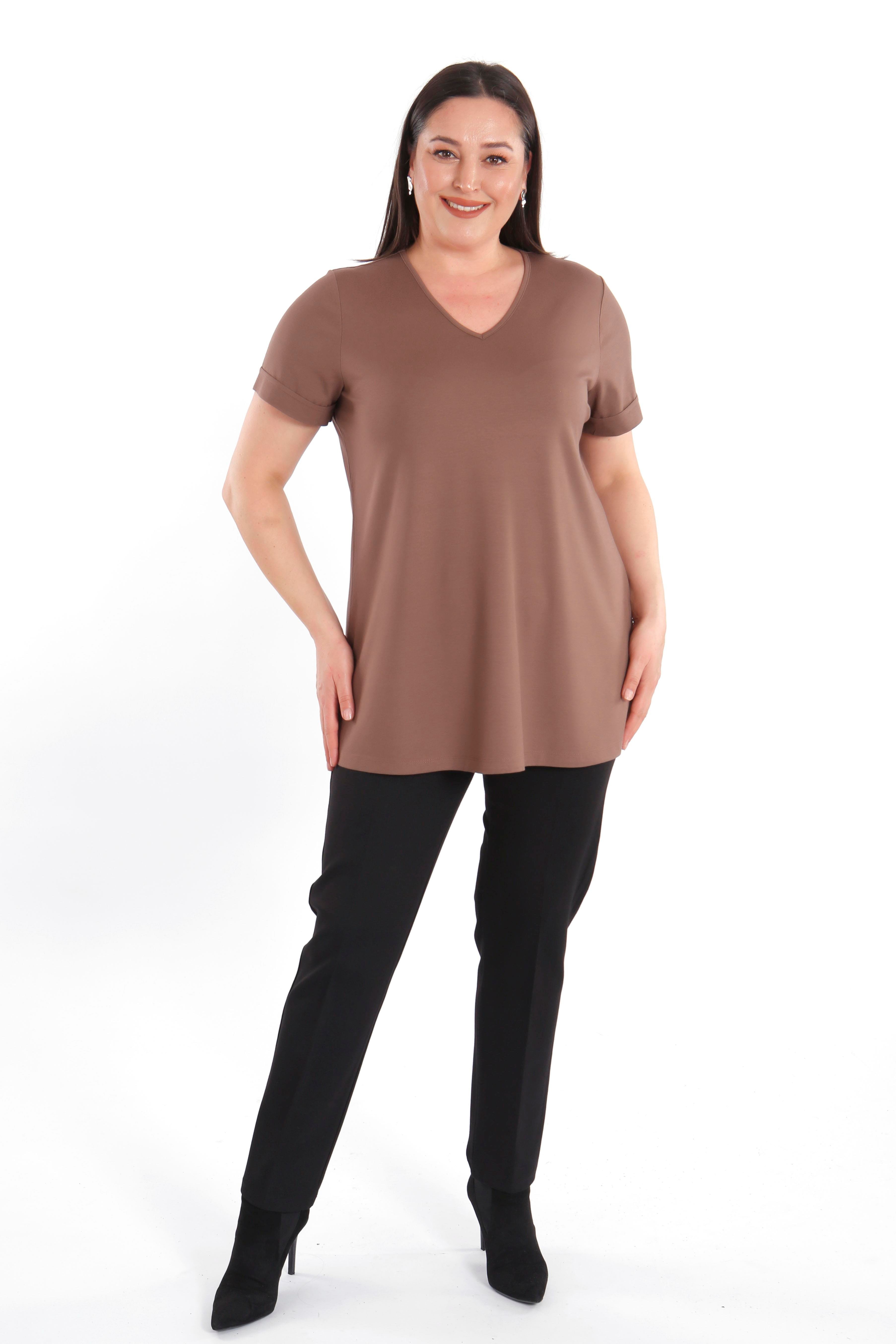 Büyük Beden Kadın V Yakalı Yırtmaçlı Basic Kahverengi Bluz (T-Shirt)