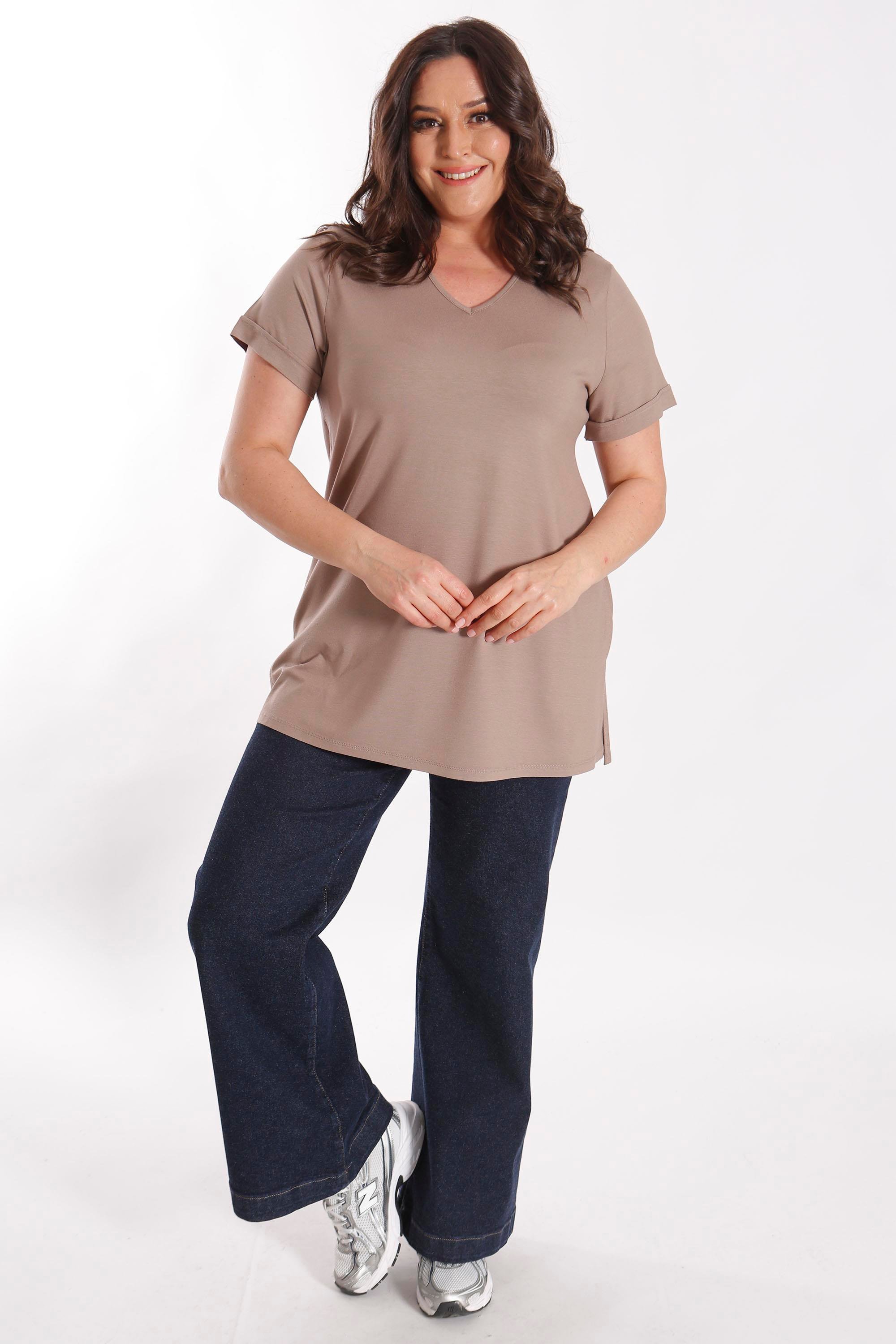 Büyük Beden Kadın V Yakalı Yırtmaçlı Basic Vizon Bluz (T-Shirt)