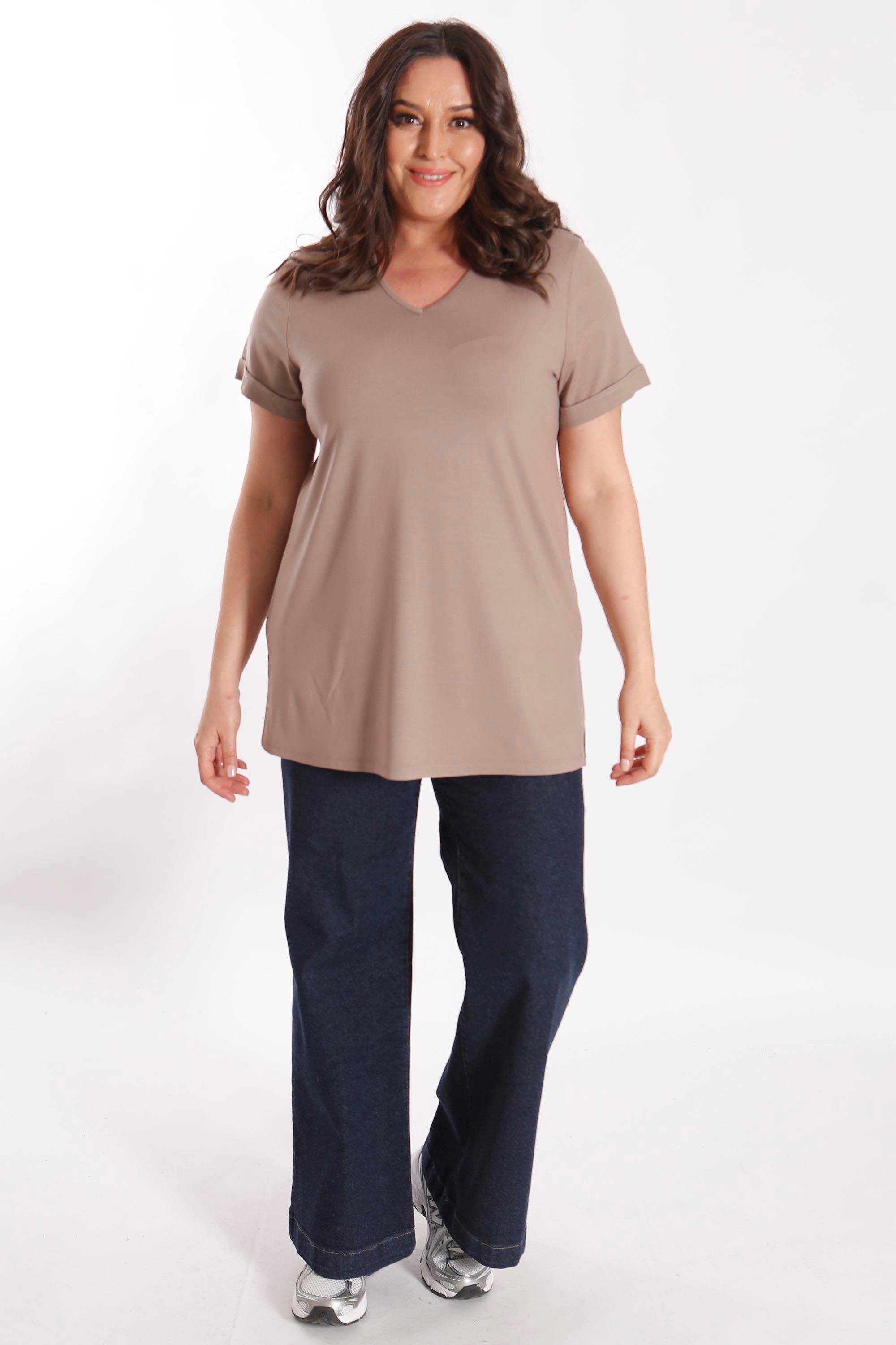 Büyük Beden Kadın V Yakalı Yırtmaçlı Basic Vizon Bluz (T-Shirt)