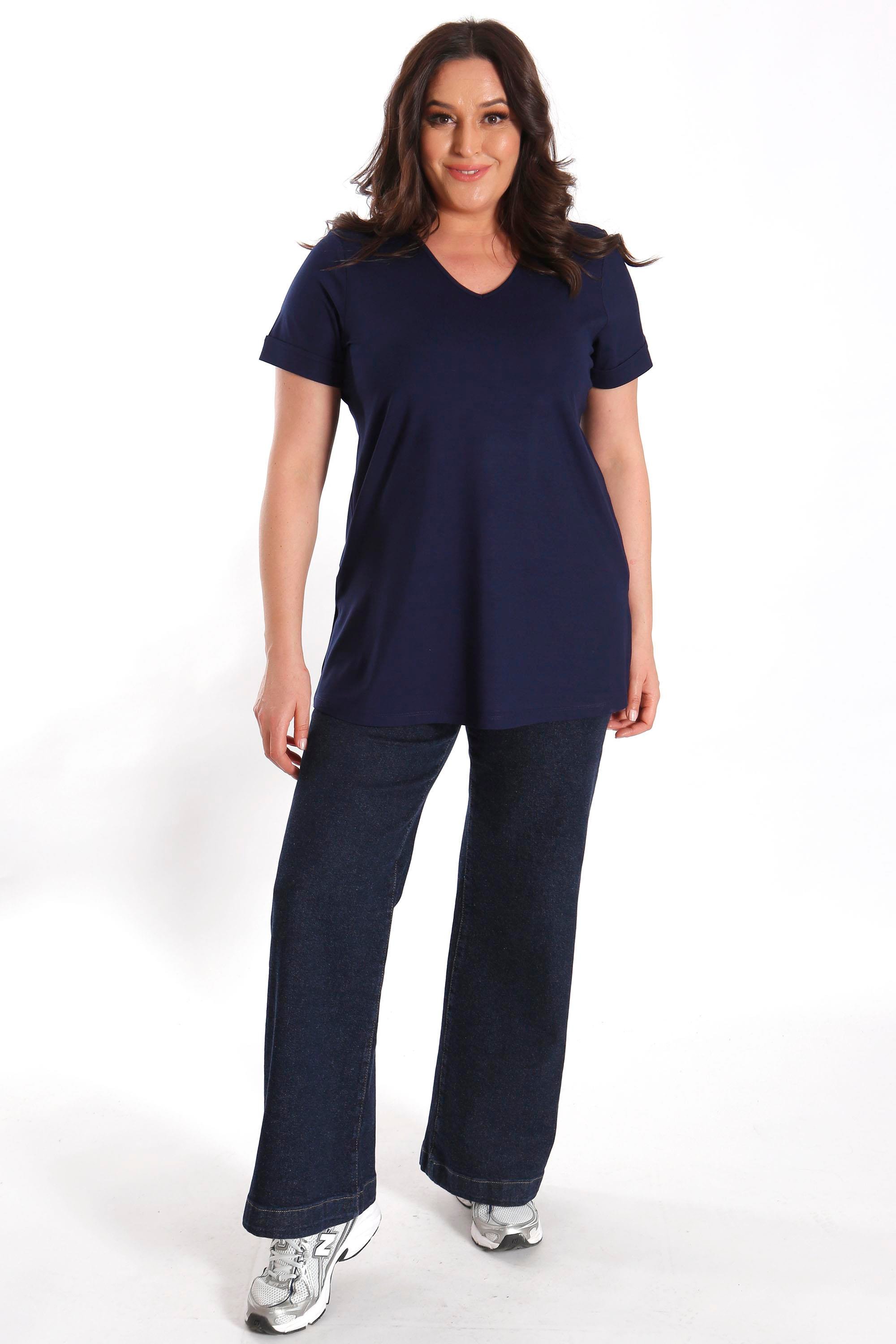 Büyük Beden Kadın V Yakalı Yırtmaçlı Basic Lacivert Bluz (T-Shirt)