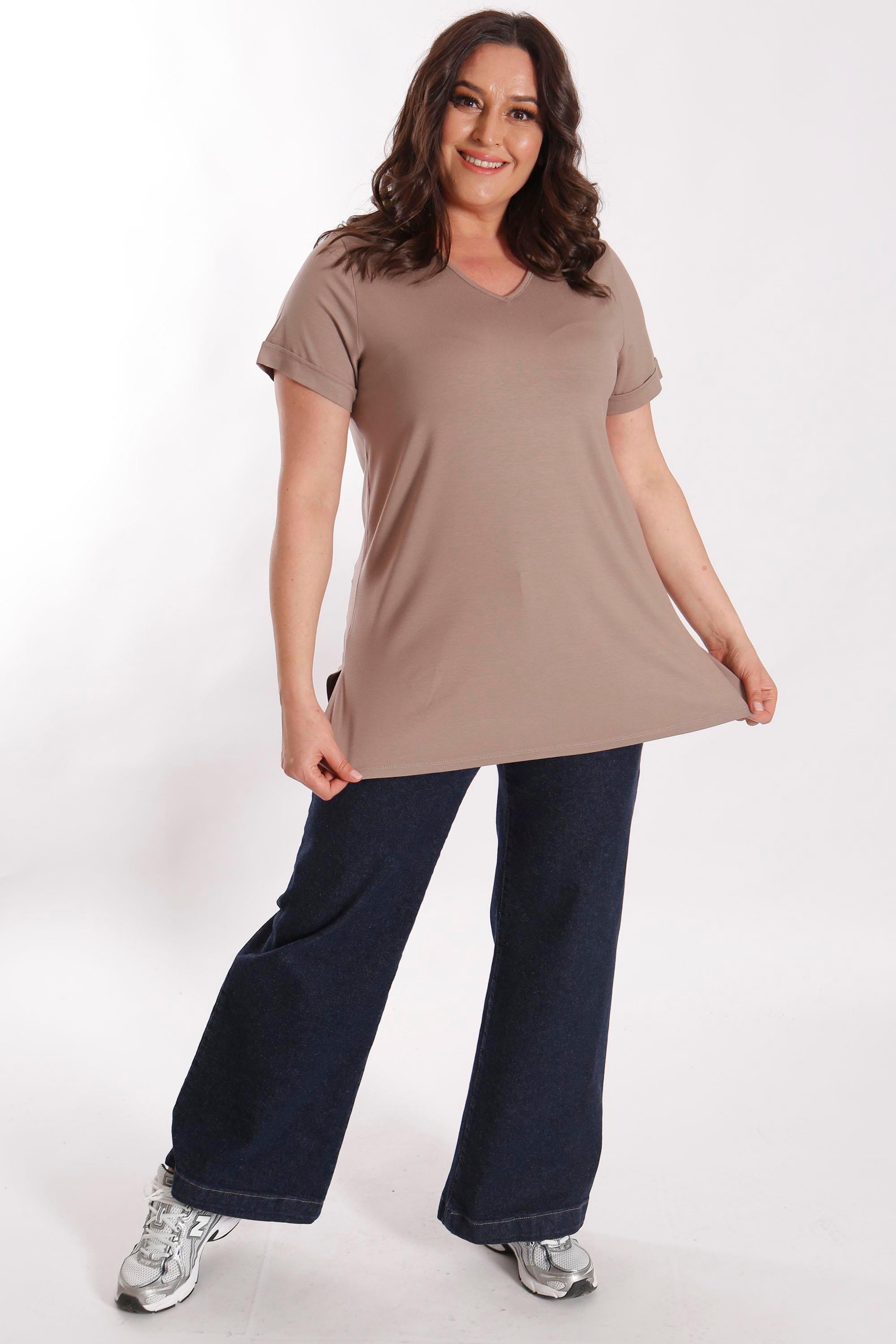 Büyük Beden Kadın V Yakalı Yırtmaçlı Basic Vizon Bluz (T-Shirt)