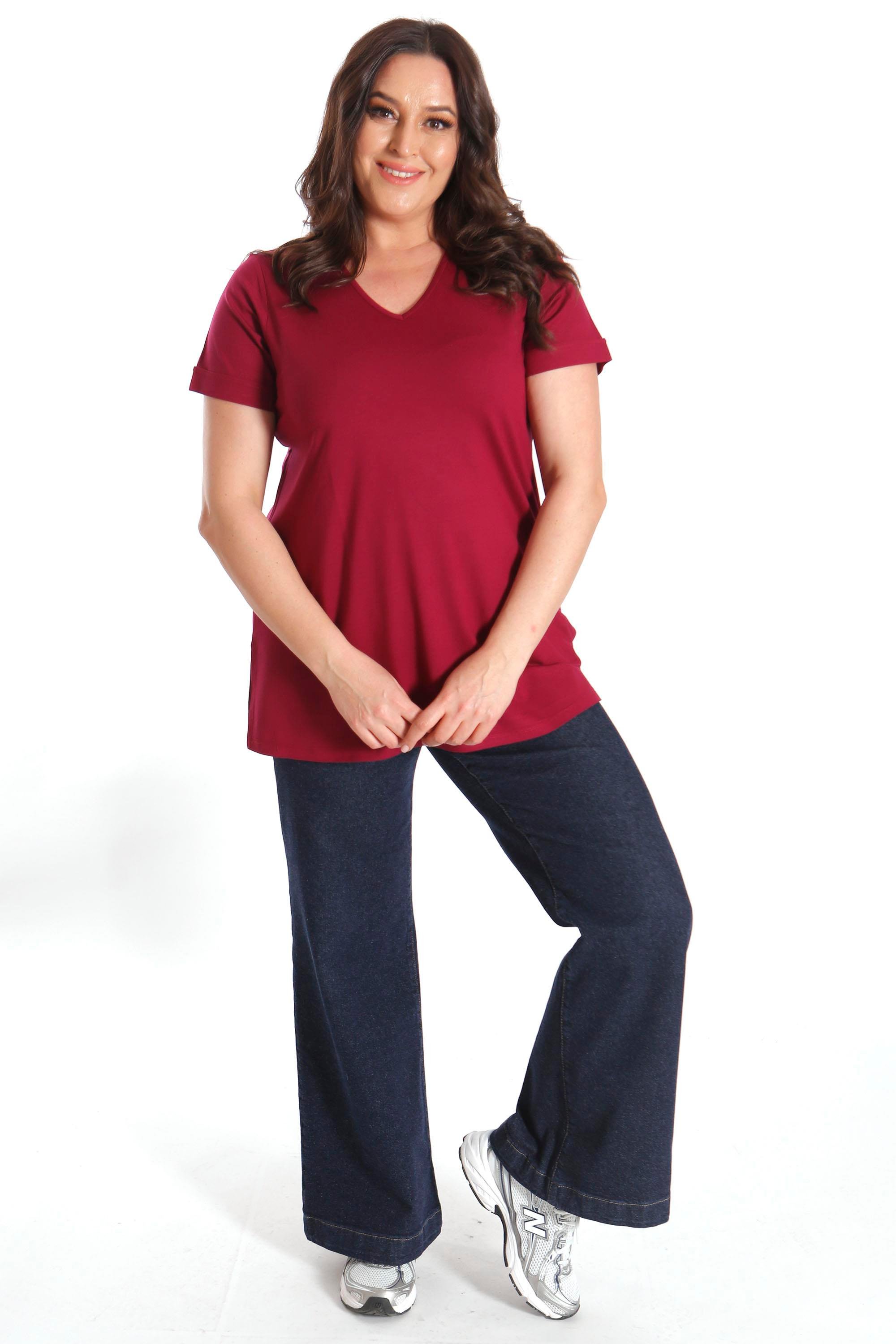 Büyük Beden Kadın V Yakalı Yırtmaçlı Basic Bordo Bluz (T-Shirt)