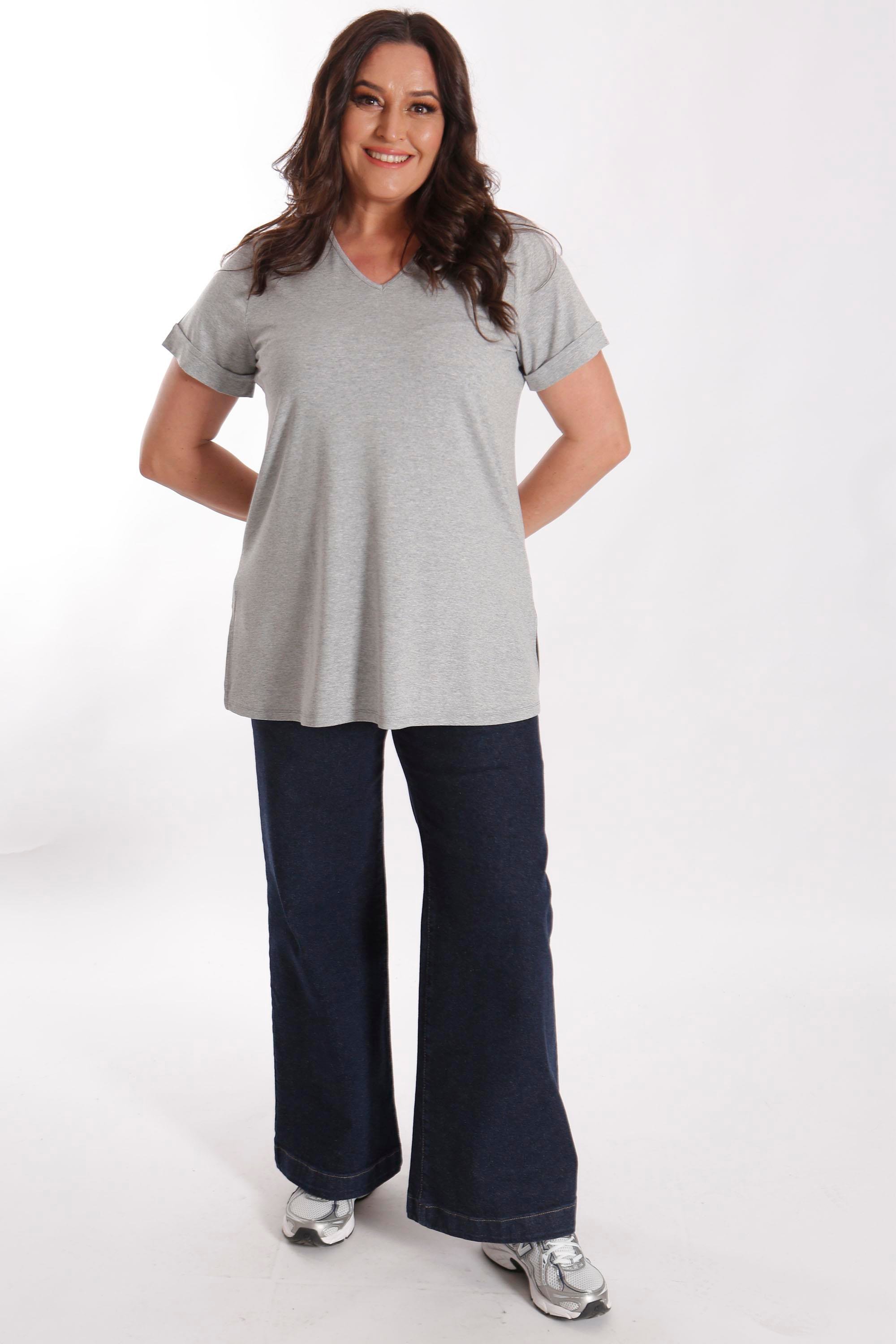Büyük Beden Kadın V Yakalı Yırtmaçlı Basic Gri Bluz (T-Shirt)