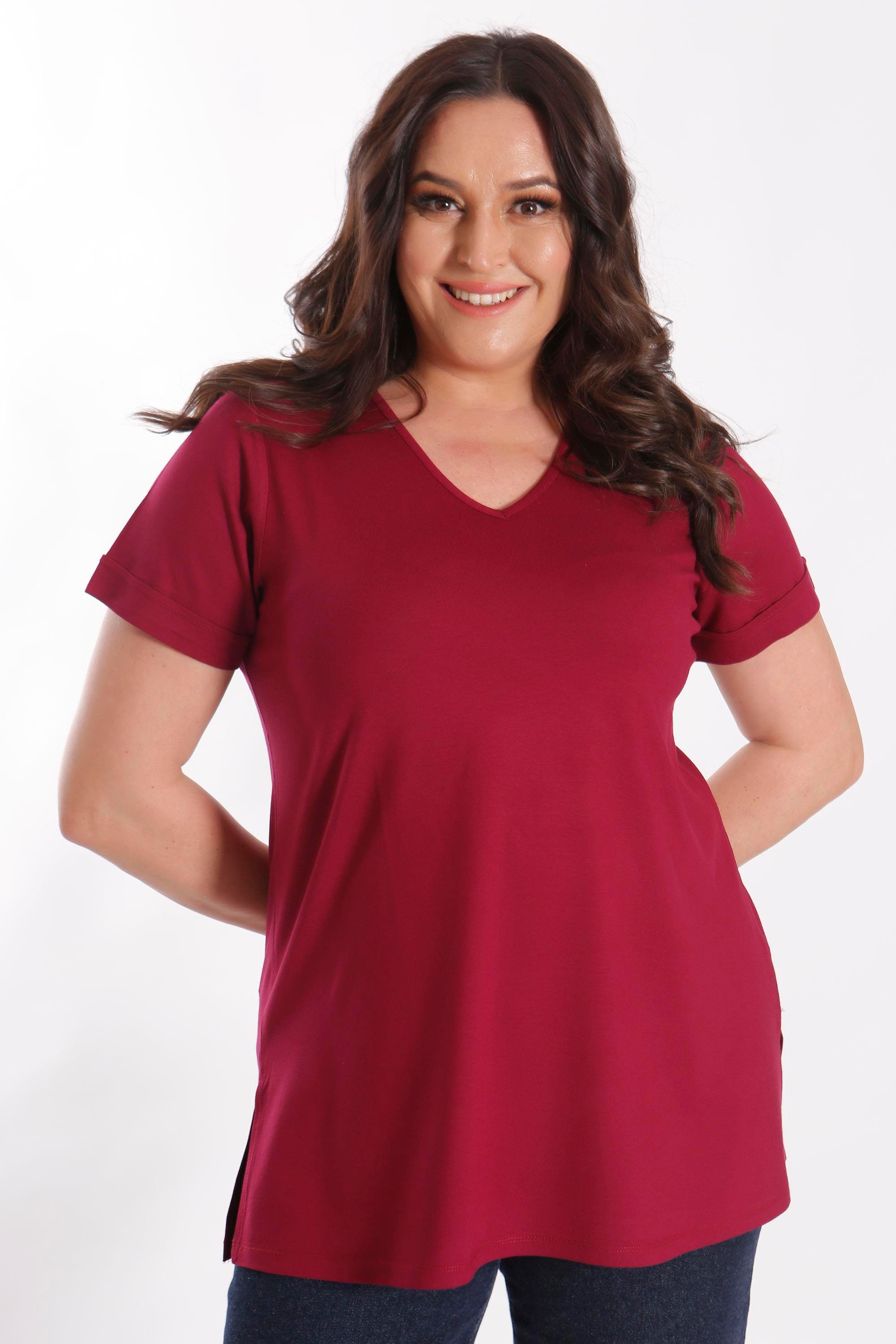 Büyük Beden Kadın V Yakalı Yırtmaçlı Basic Bordo Bluz (T-Shirt)