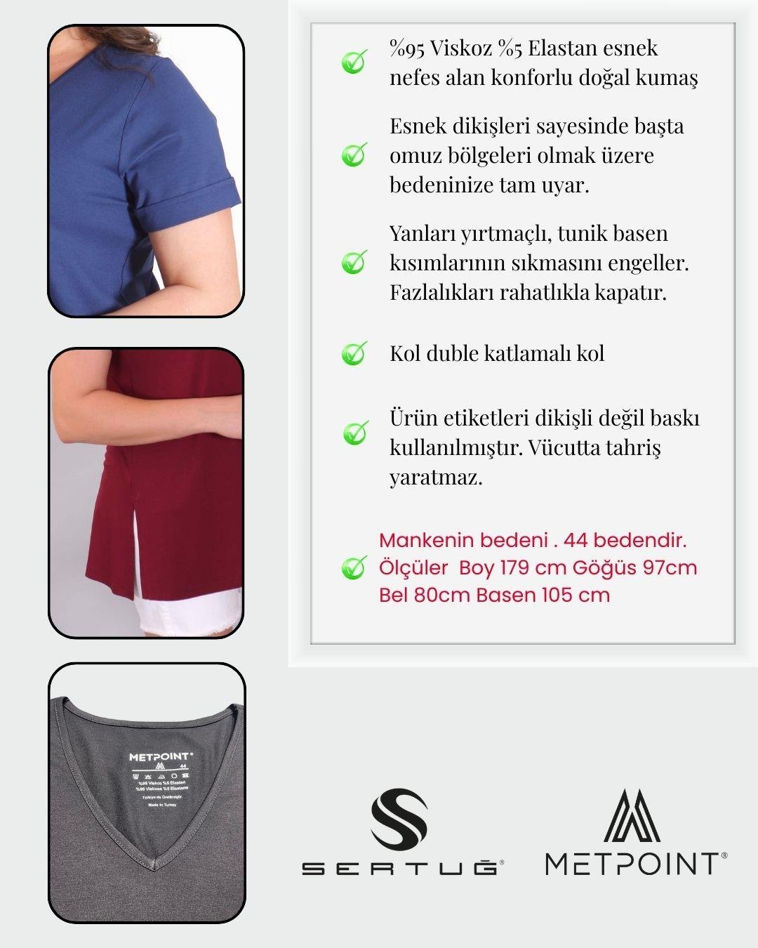 Büyük Beden Kadın V Yakalı Yırtmaçlı Basic Lacivert Bluz (T-Shirt)