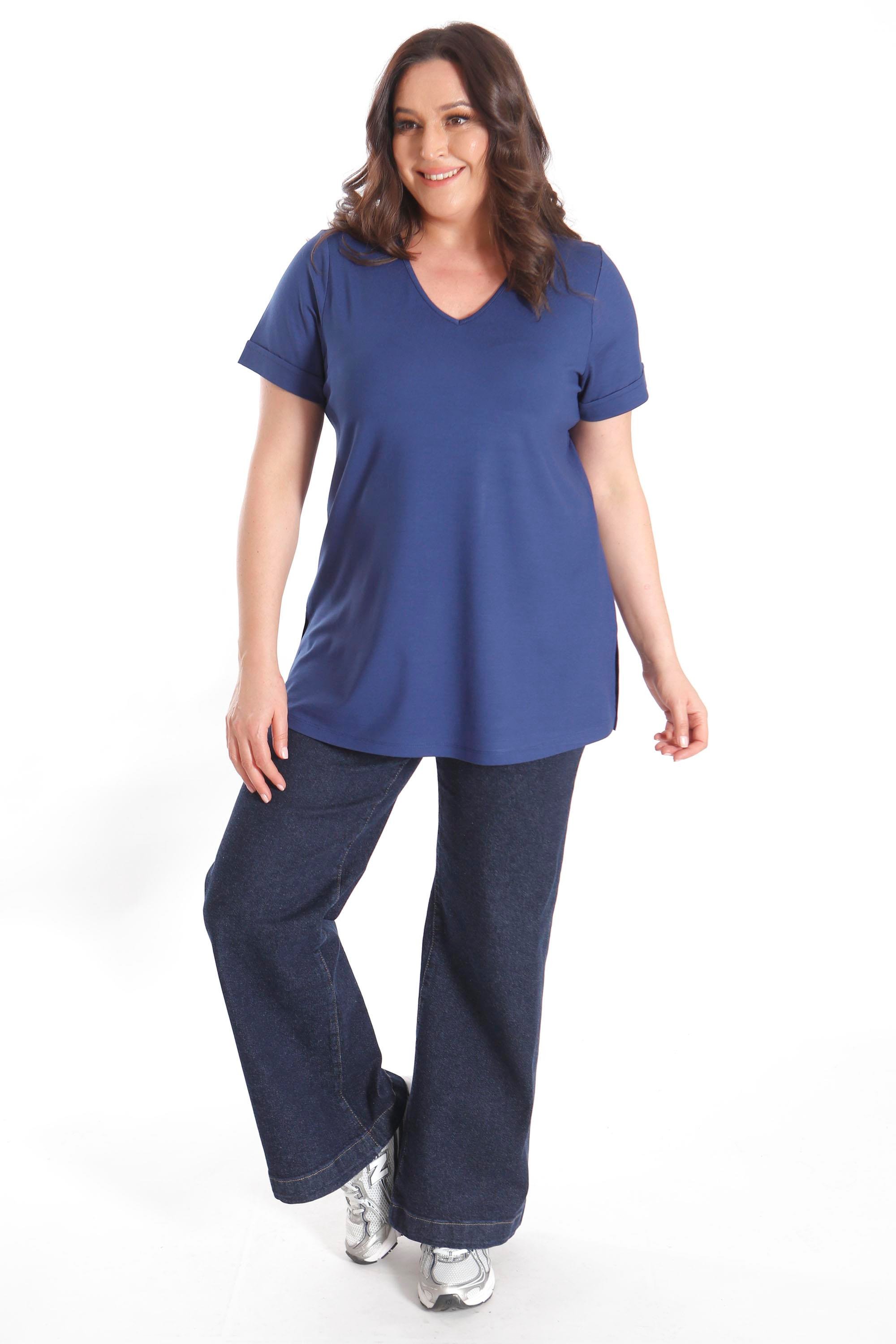 Büyük Beden Kadın V Yakalı Yırtmaçlı Basic İndigo Bluz (T-Shirt)