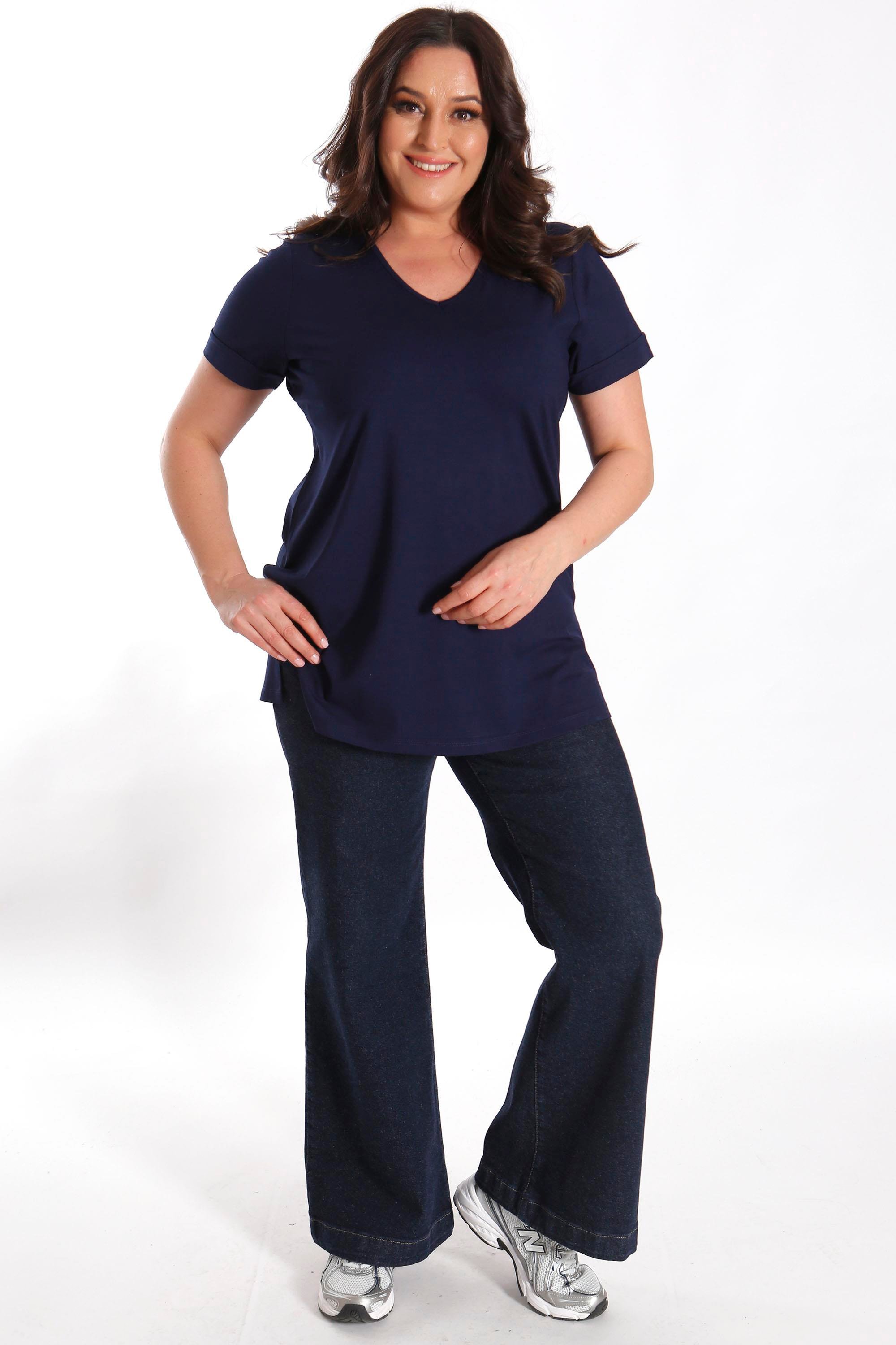 Büyük Beden Kadın V Yakalı Yırtmaçlı Basic Lacivert Bluz (T-Shirt)