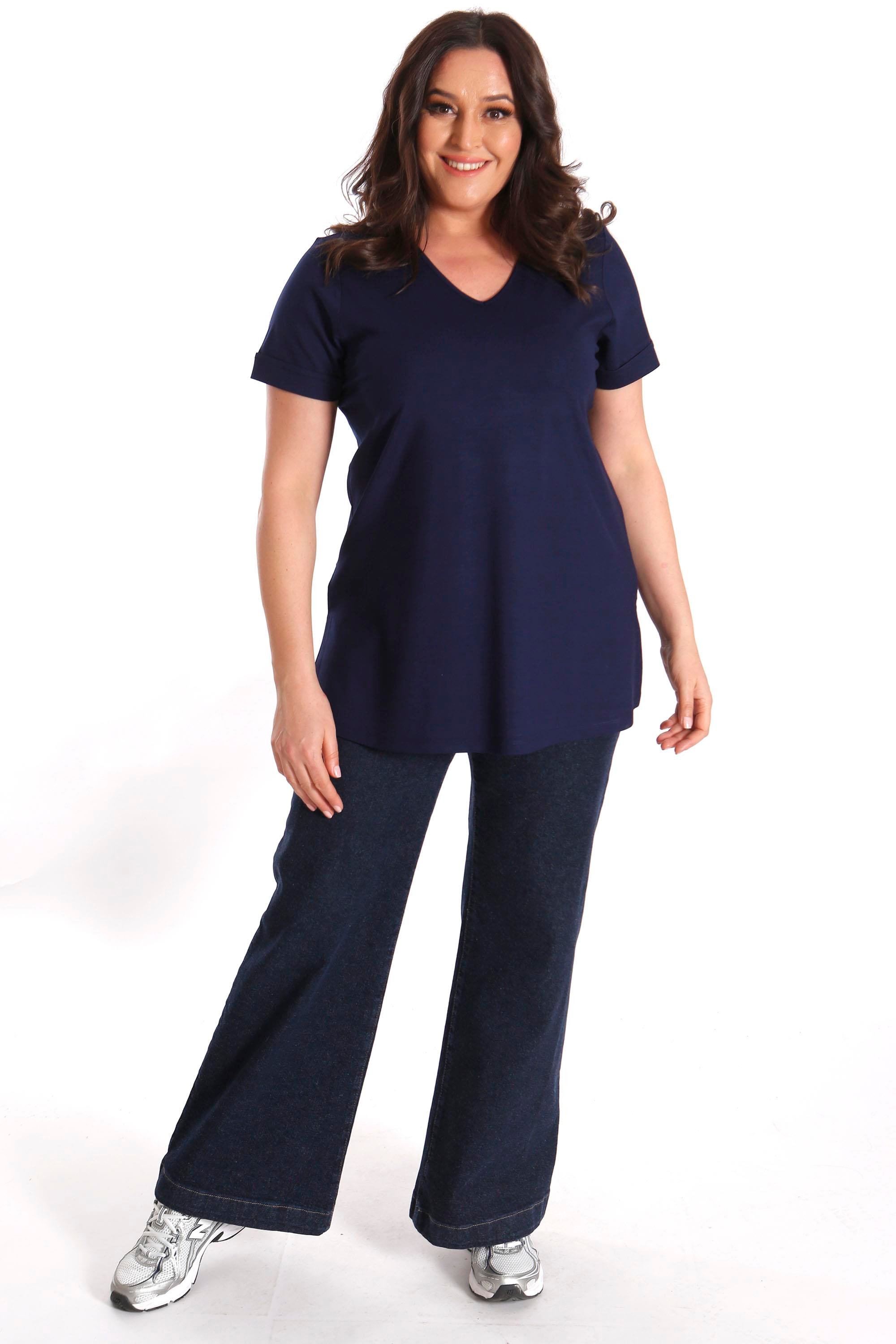 Büyük Beden Kadın V Yakalı Yırtmaçlı Basic Lacivert Bluz (T-Shirt)