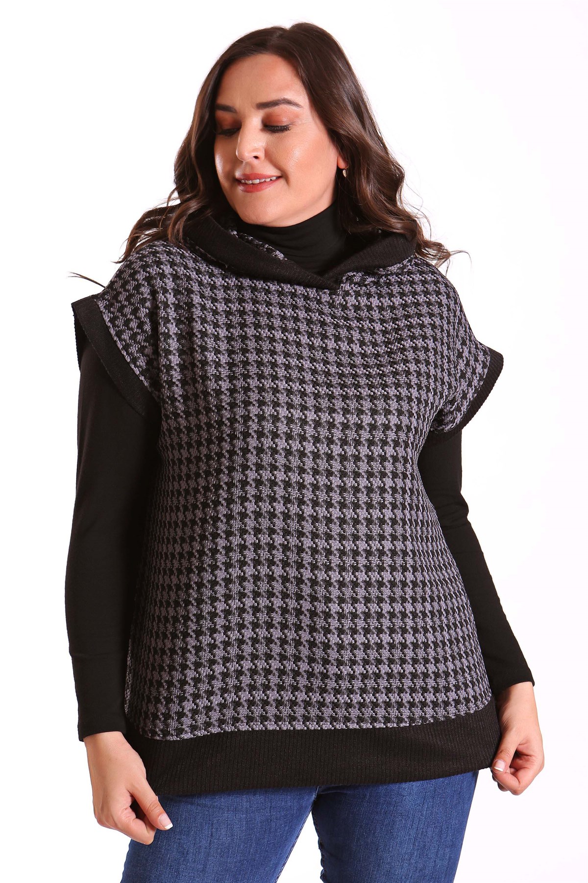 Büyük Beden Kapşonlu Kazayağı Desenli Antrasit Süveter