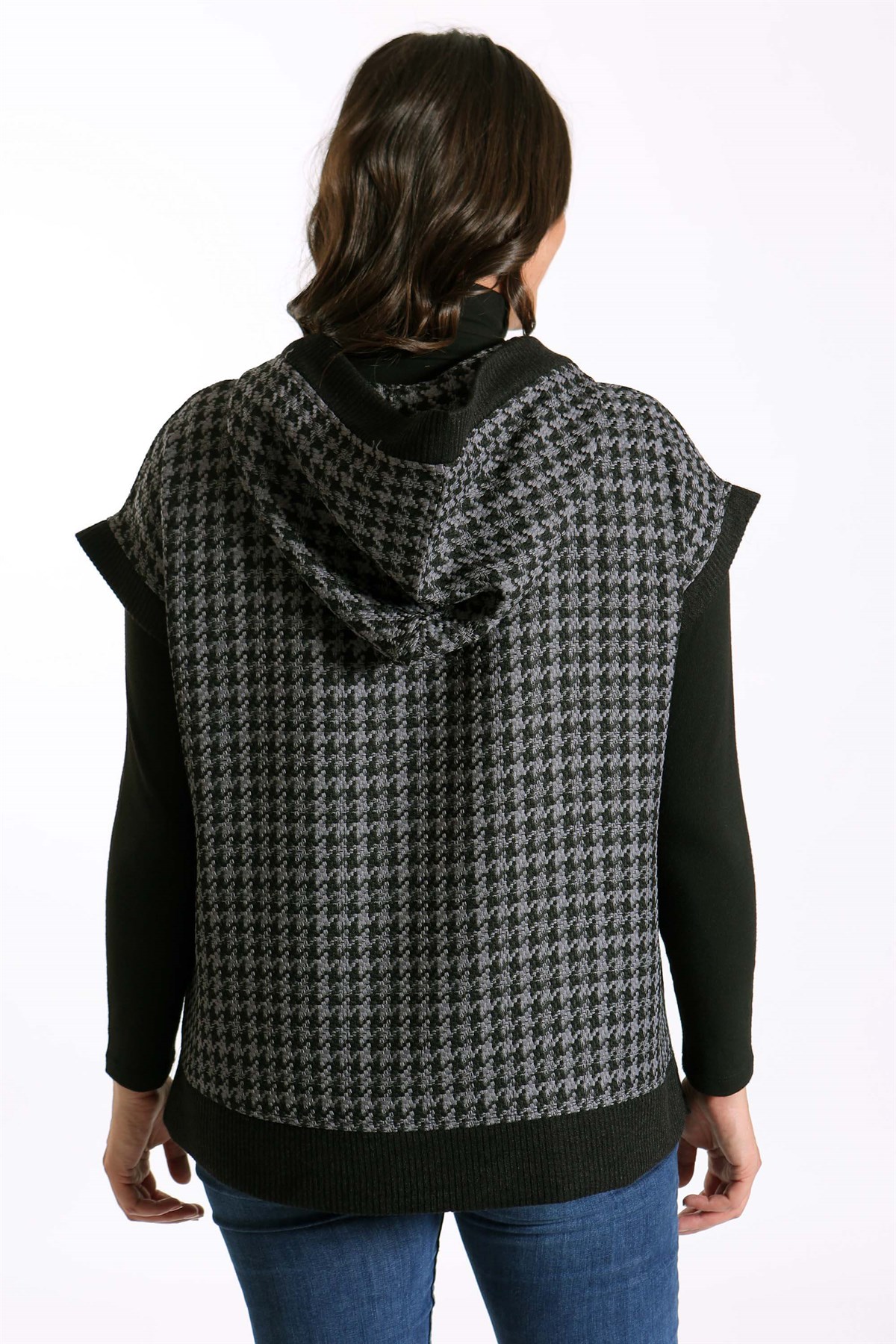 Büyük Beden Kapşonlu Kazayağı Desenli Antrasit Süveter