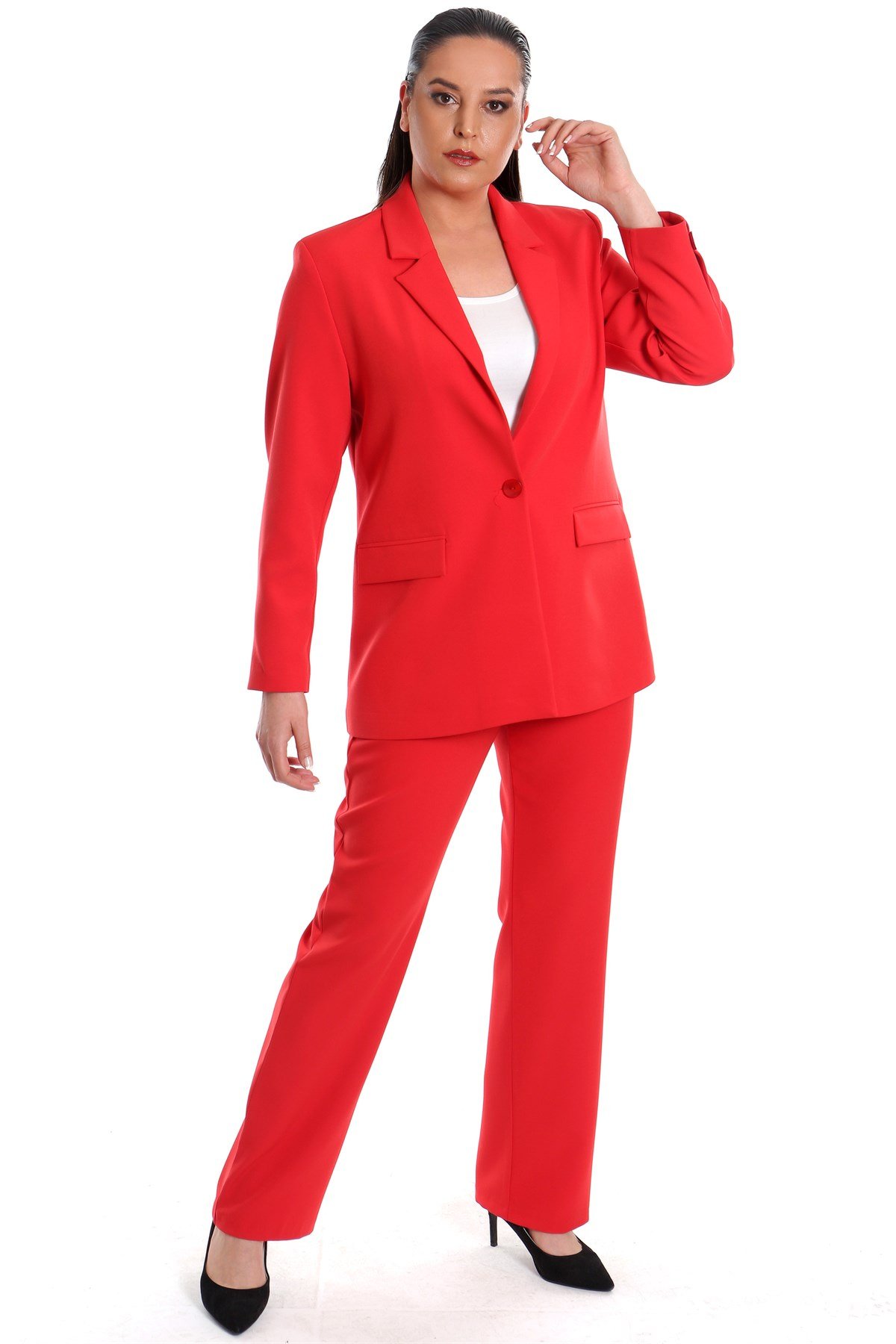 Büyük Beden Kırmızı Blazer Tek Düğmeli Ceket Pantolon Takım 