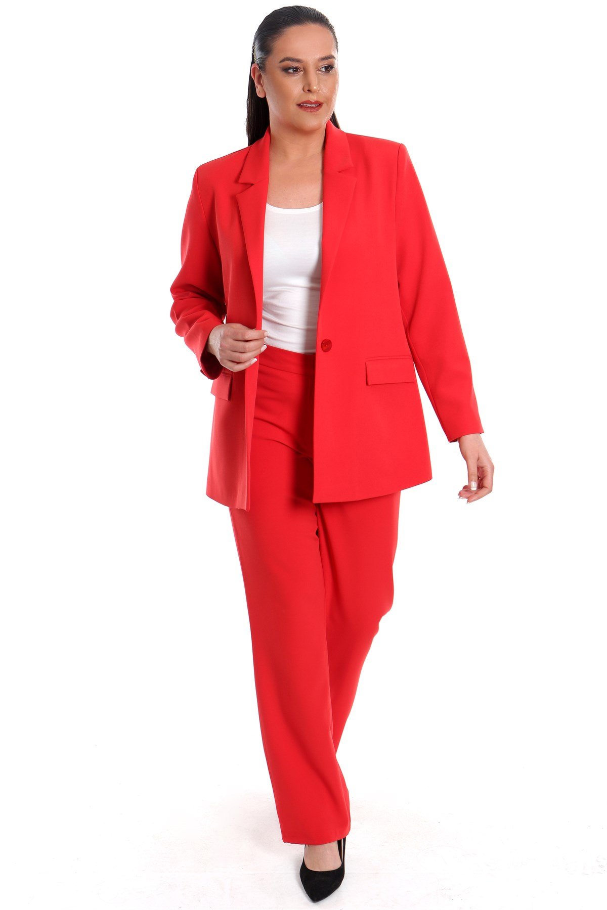 Büyük Beden Kırmızı Blazer Tek Düğmeli Ceket Pantolon Takım 