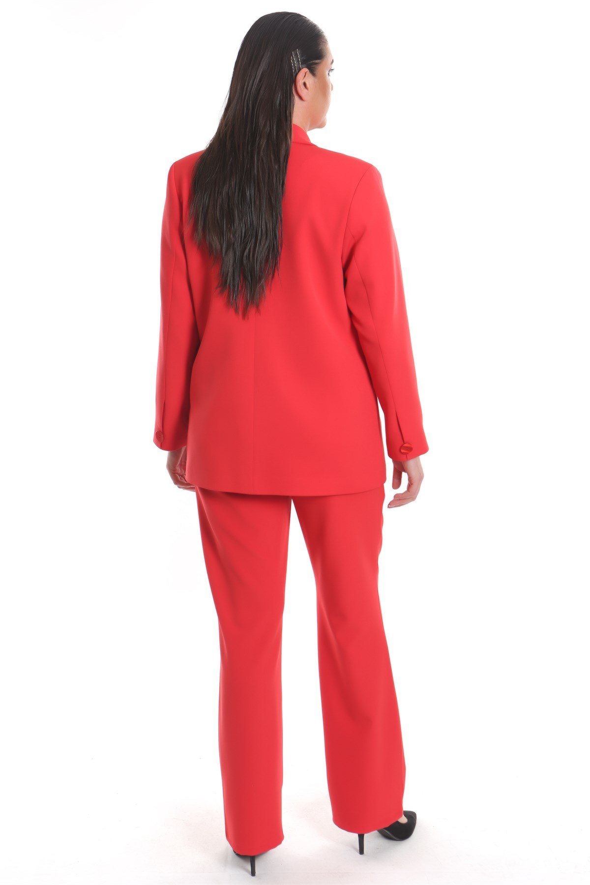 Büyük Beden Kırmızı Blazer Tek Düğmeli Ceket Pantolon Takım 