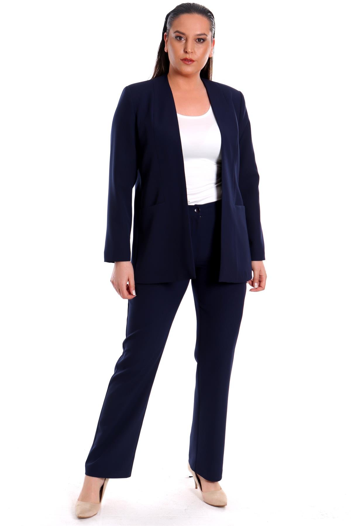 Büyük Beden Lacivert Tona Ton Astarlı Blazer Ceket