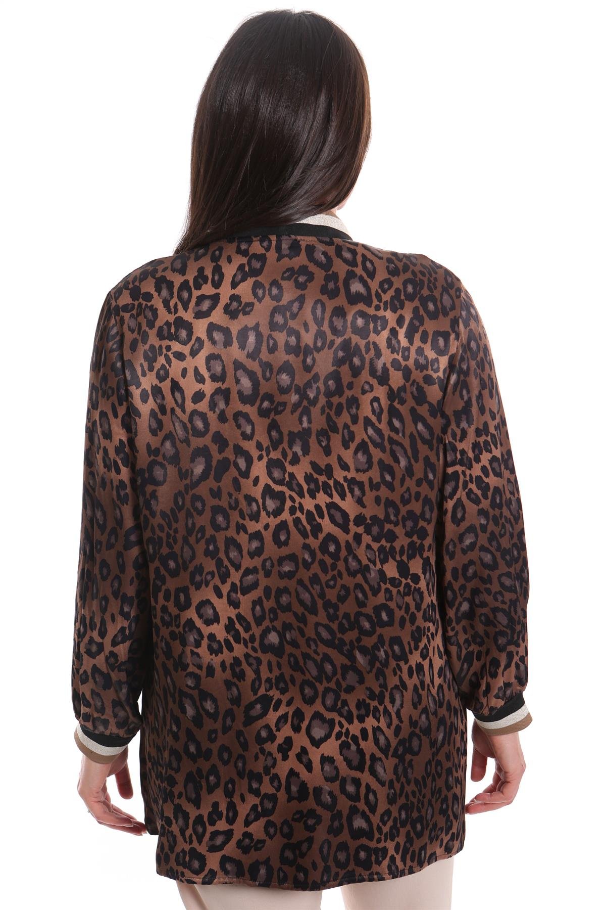 Büyük Beden Leopar Desen Kahverengi Yaka Bantlı Ceket