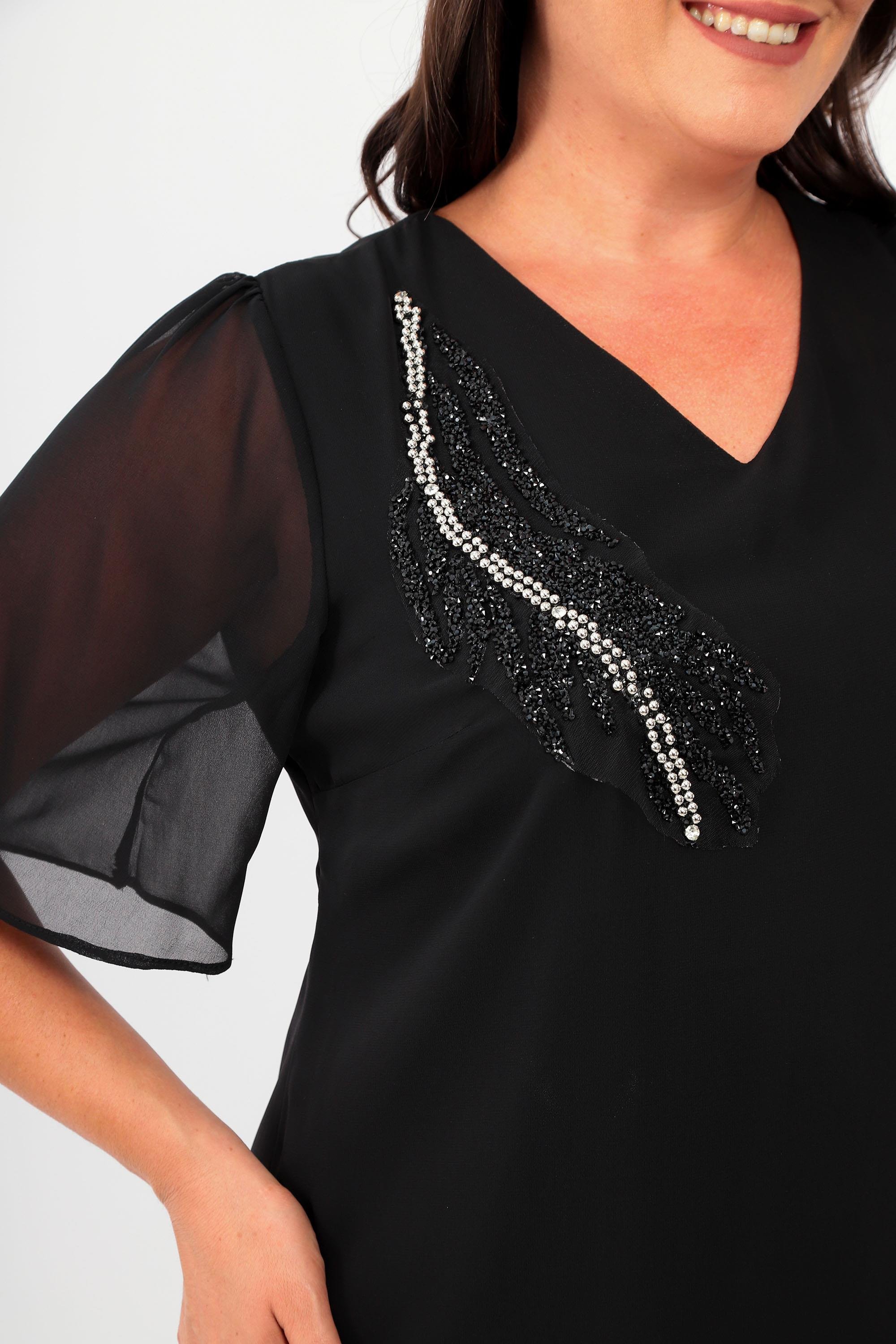 Büyük Beden Taş Baskılı Şifon Siyah Elbise