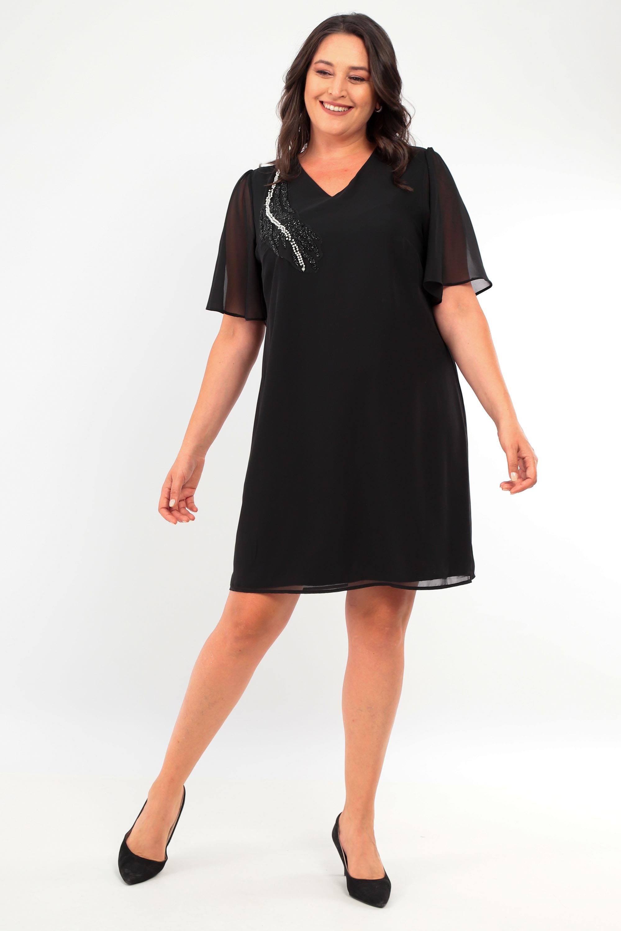 Büyük Beden Taş Baskılı Şifon Siyah Elbise