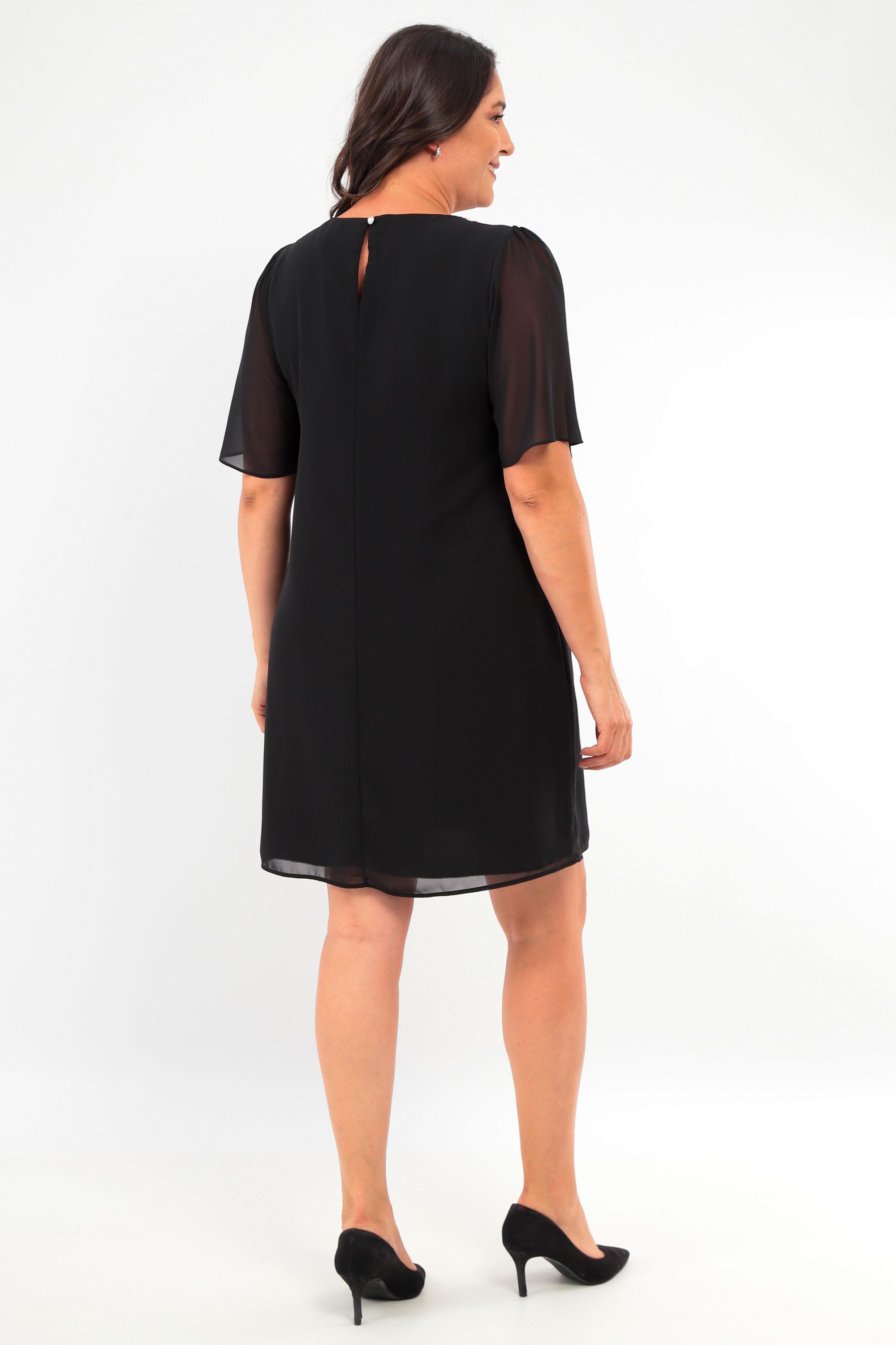 Büyük Beden Yaka Taş İşlemeli Şifon Siyah Elbise