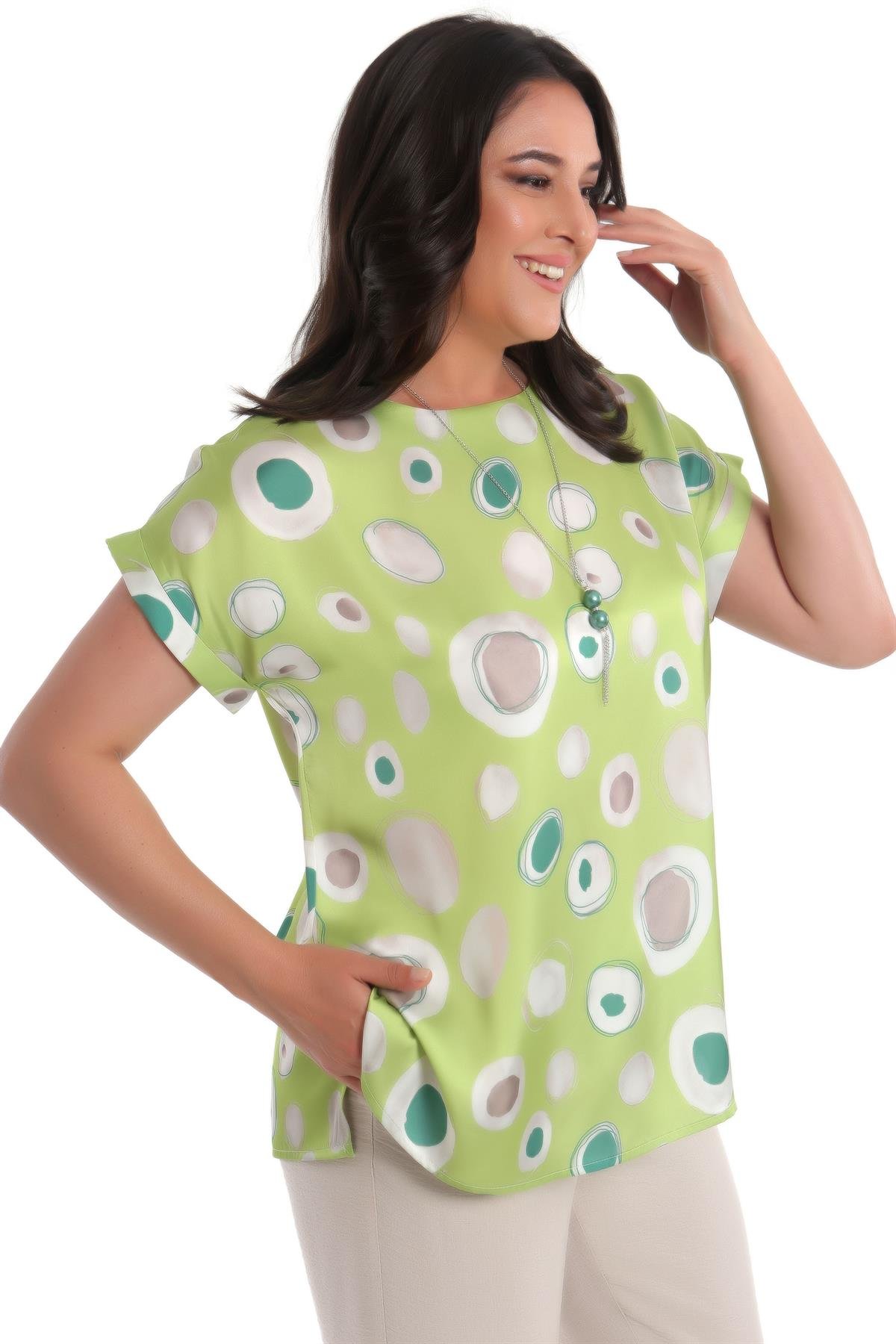 Büyük Beden Yuvarlak Desenli Düşük kol Yeşil Bluz