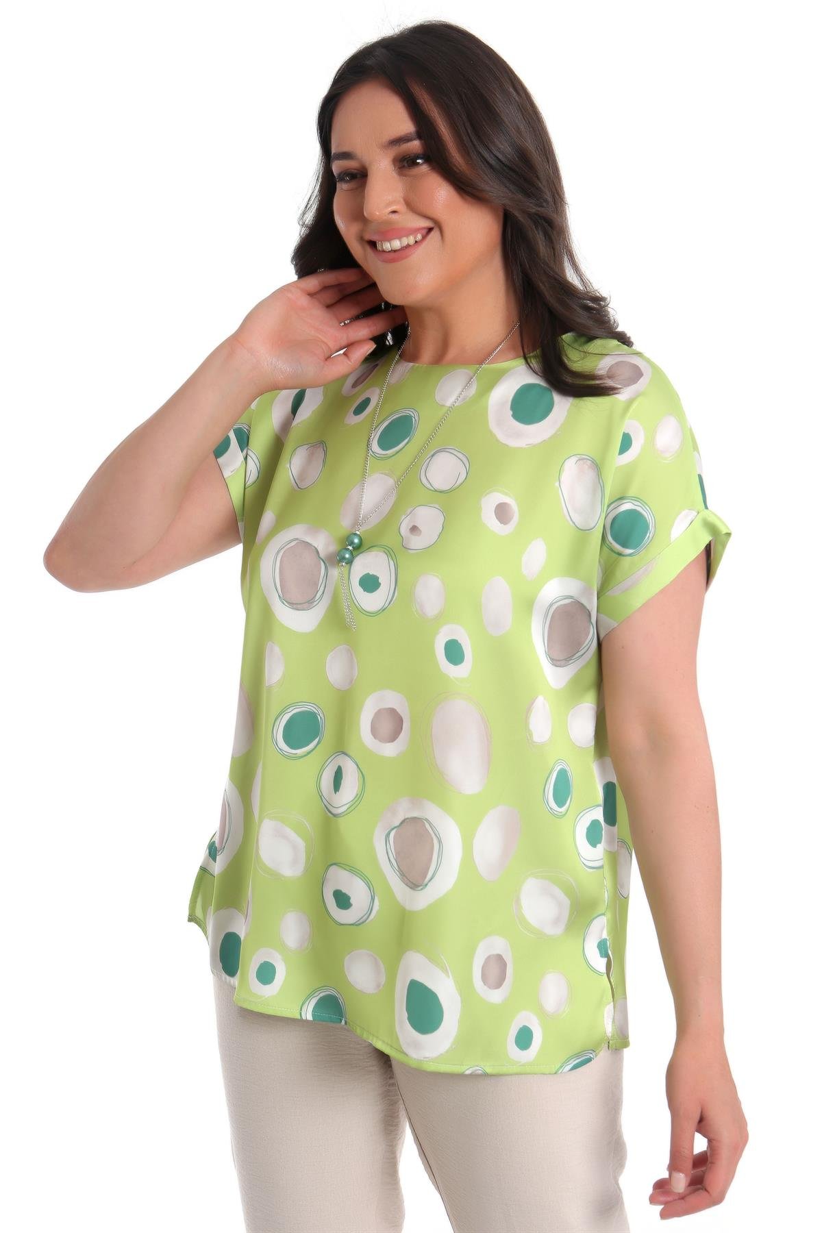 Büyük Beden Yuvarlak Desenli Düşük kol Yeşil Bluz