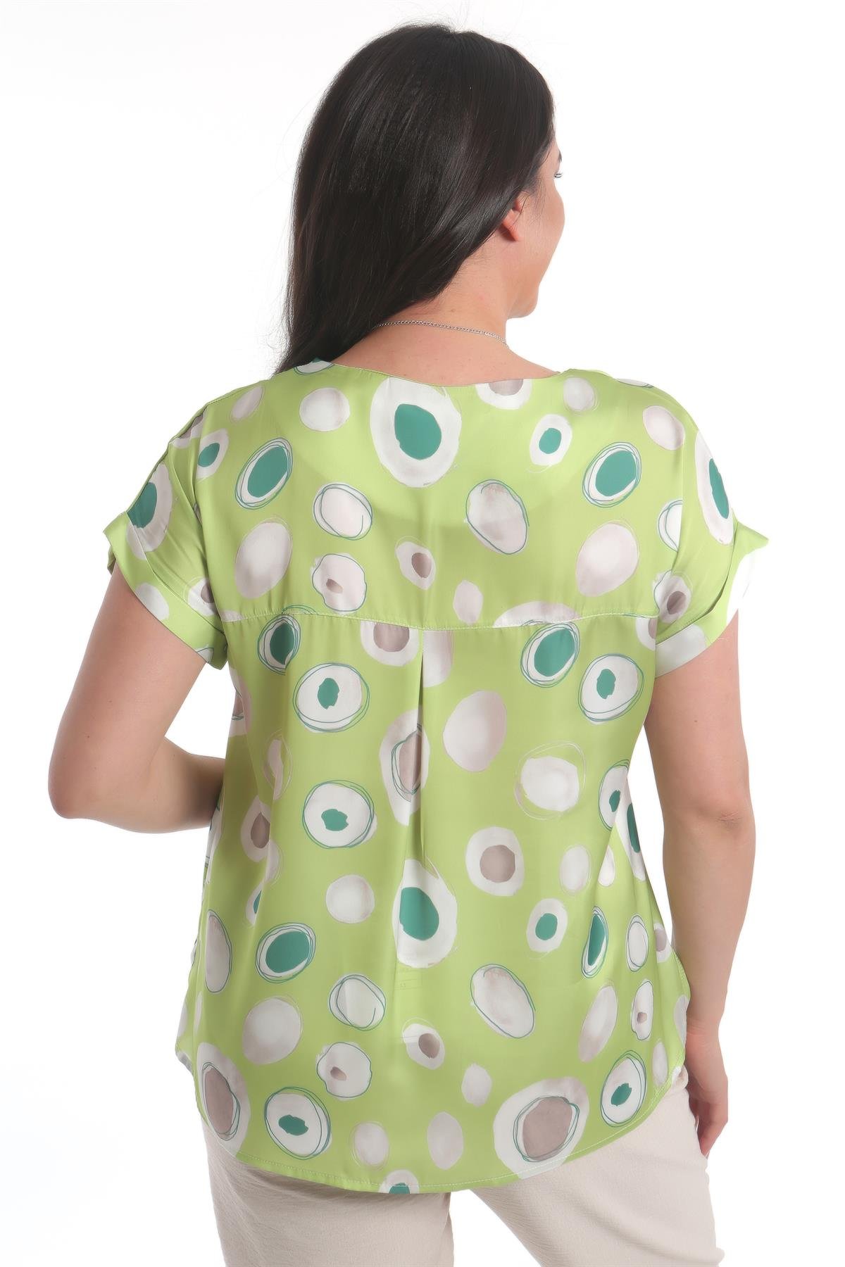 Büyük Beden Yuvarlak Desenli Düşük kol Yeşil Bluz