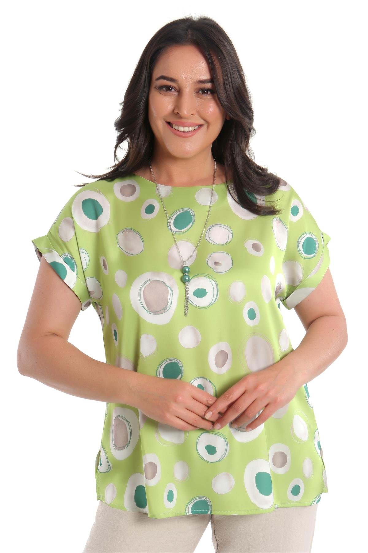 Büyük Beden Yuvarlak Desenli Düşük kol Yeşil Bluz