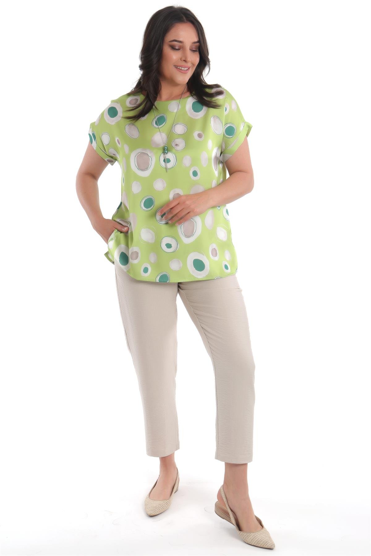 Büyük Beden Yuvarlak Desenli Düşük kol Yeşil Bluz