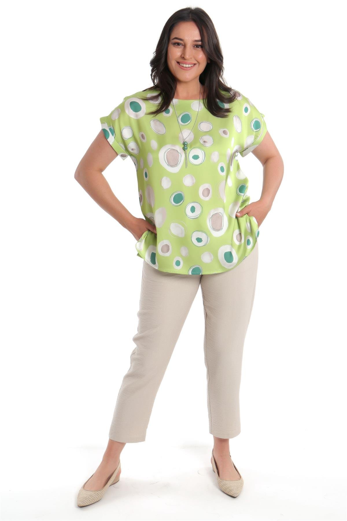 Büyük Beden Yuvarlak Desenli Düşük kol Yeşil Bluz