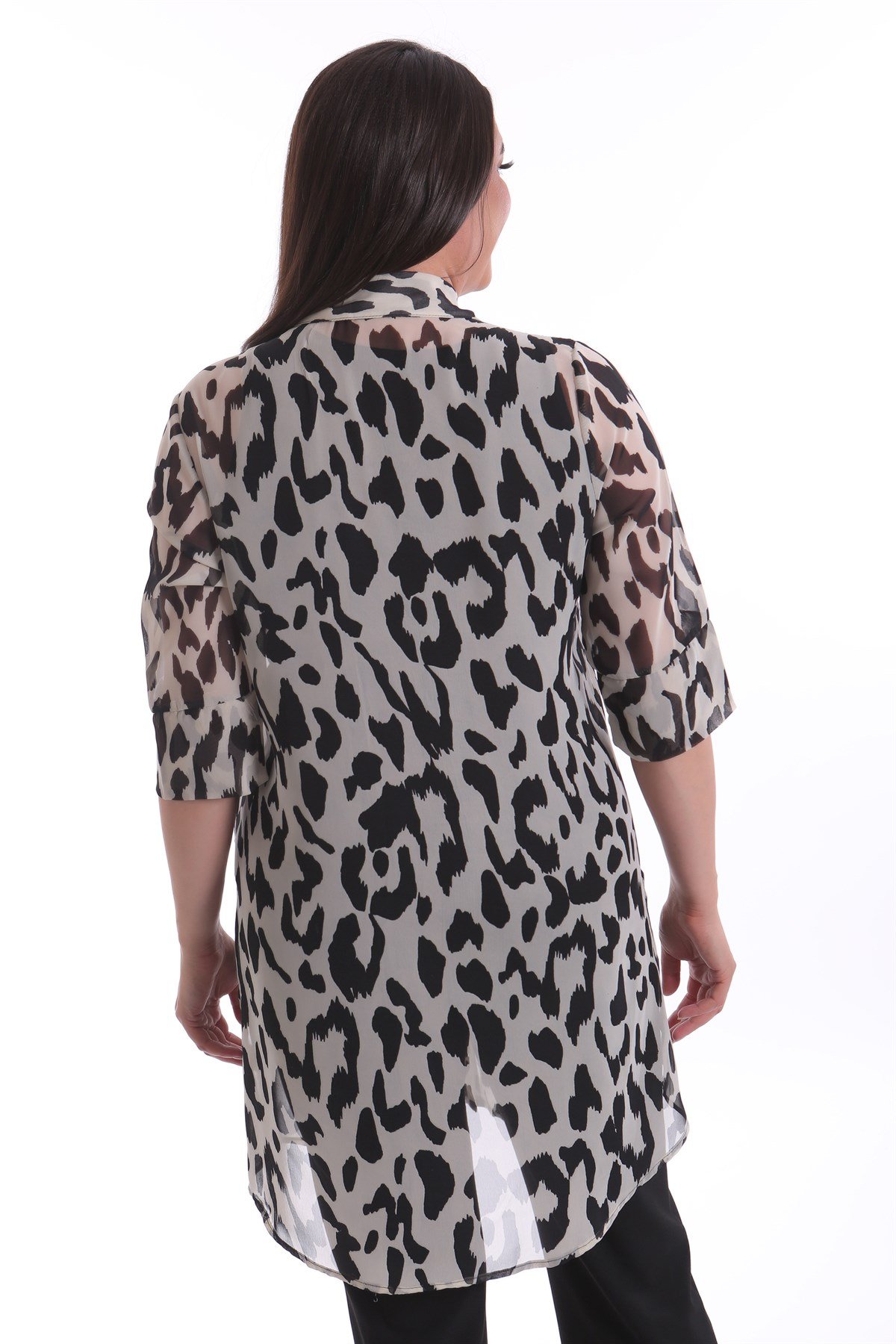 Cep Detaylı Desenli Şifon  Ekru/Siyah Gömlek 