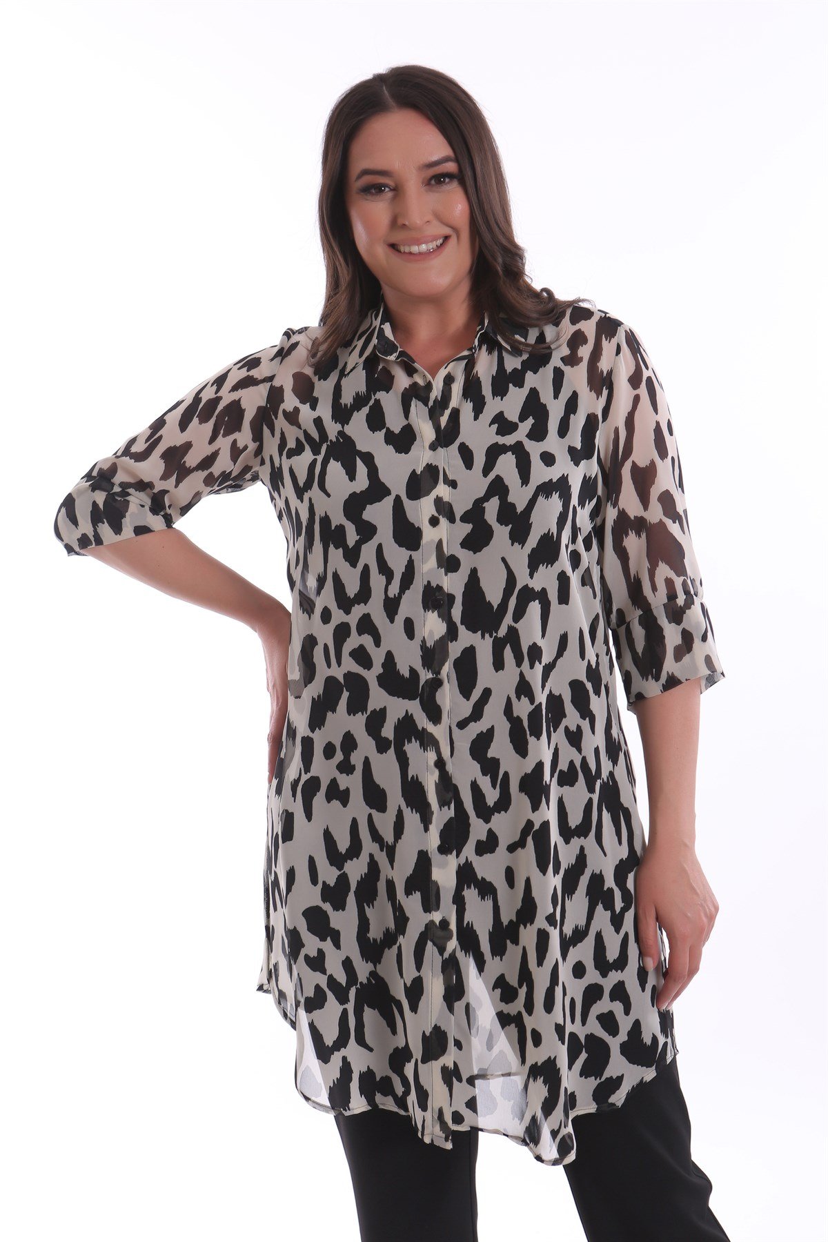 Cep Detaylı Desenli Şifon  Ekru/Siyah Gömlek 