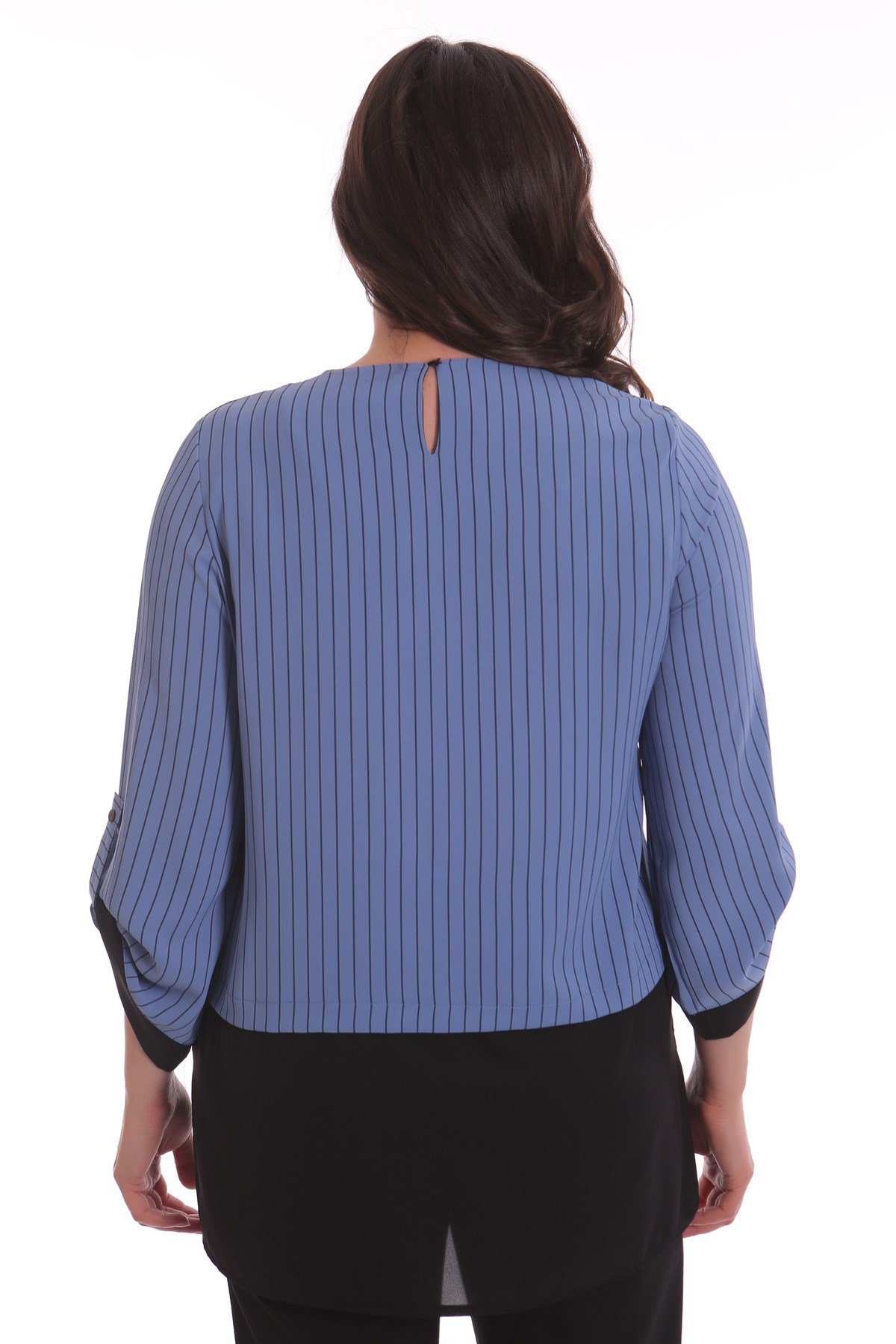 Çizgili Düğme Detaylı İndigo Bluz 