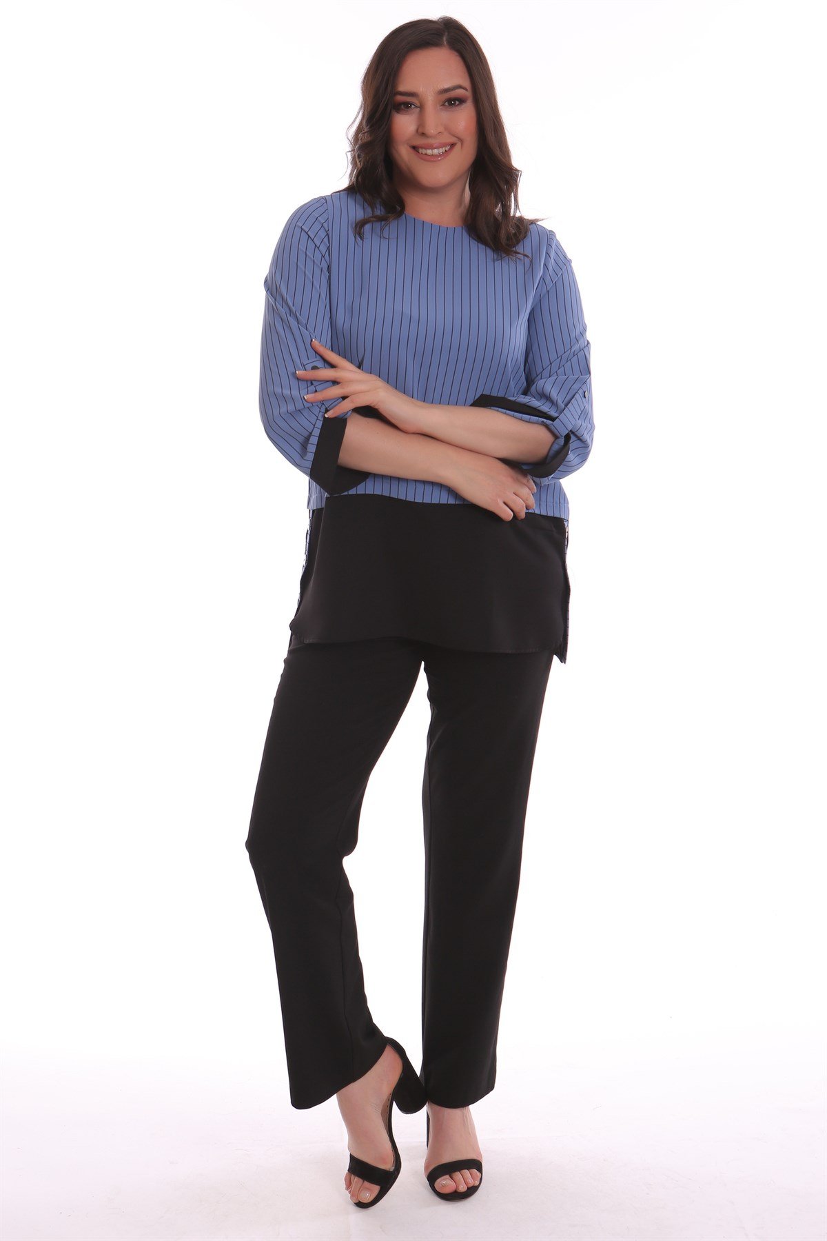 Çizgili Düğme Detaylı İndigo Bluz 
