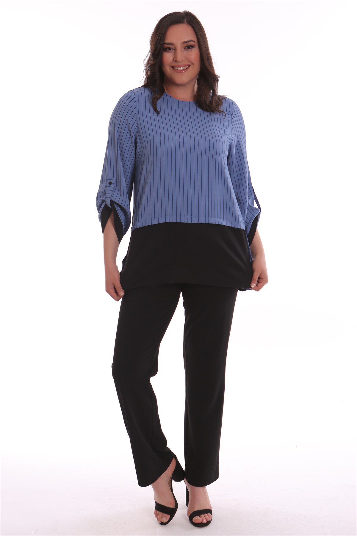 Çizgili Düğme Detaylı İndigo Bluz 
