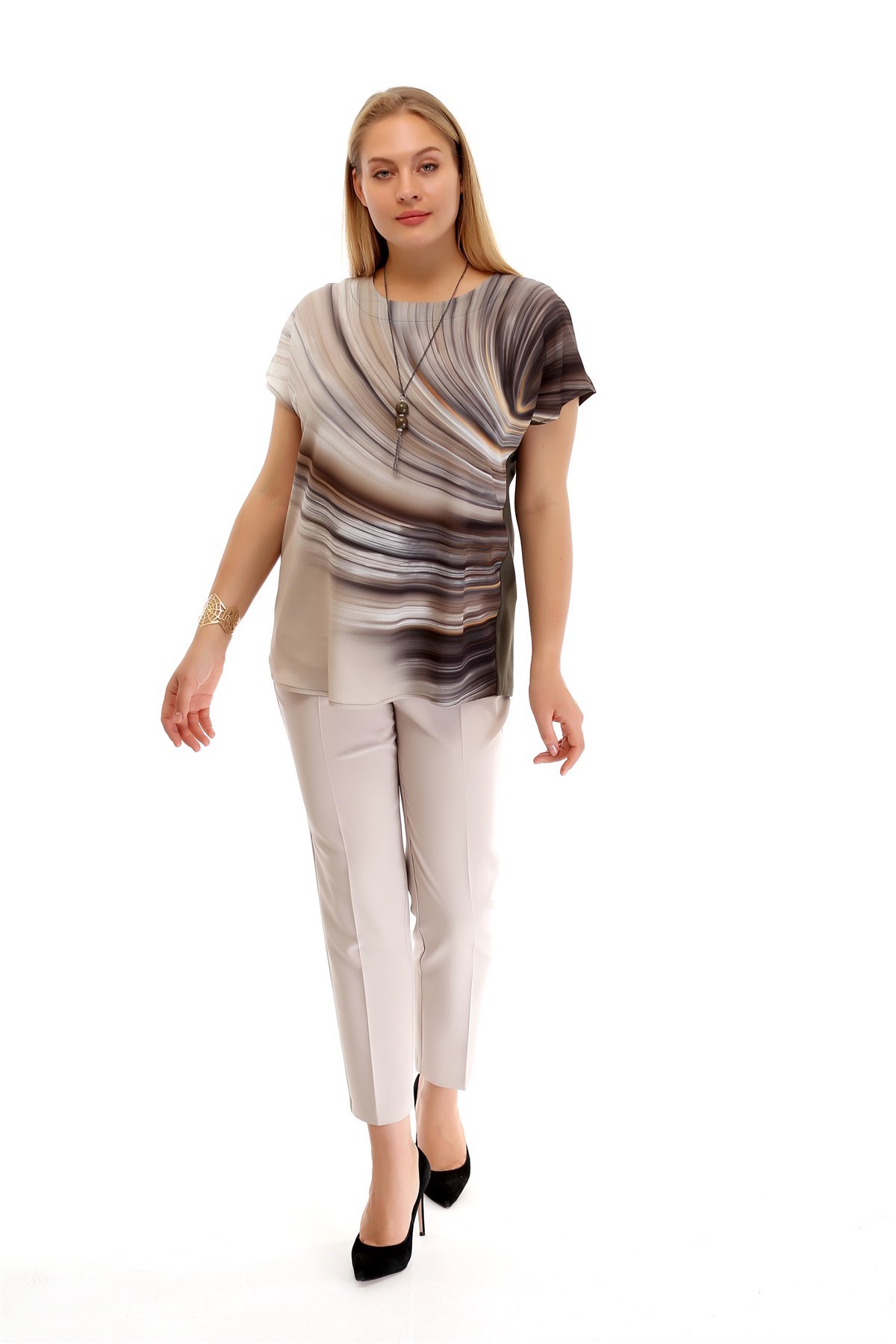 Dalga Desenli Düşük Kol Haki Bluz