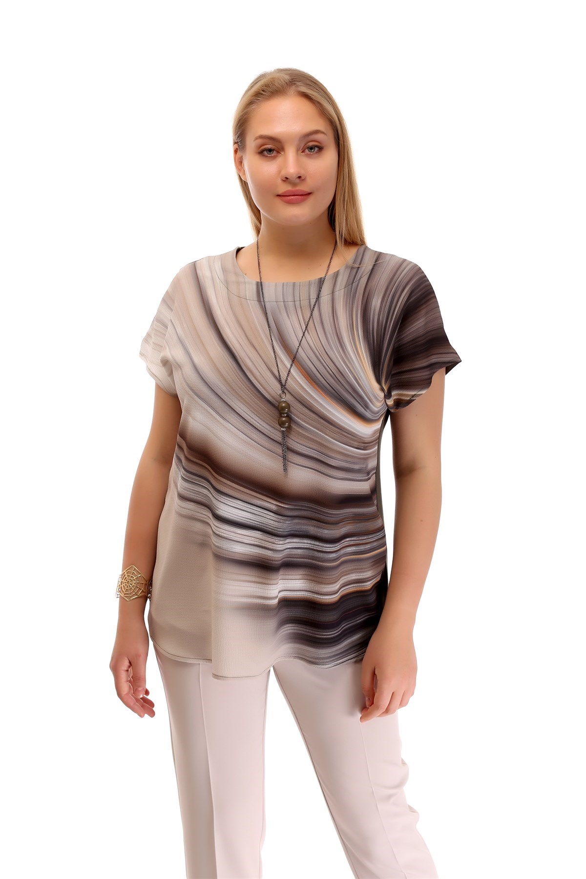 Dalga Desenli Düşük Kol Haki Bluz