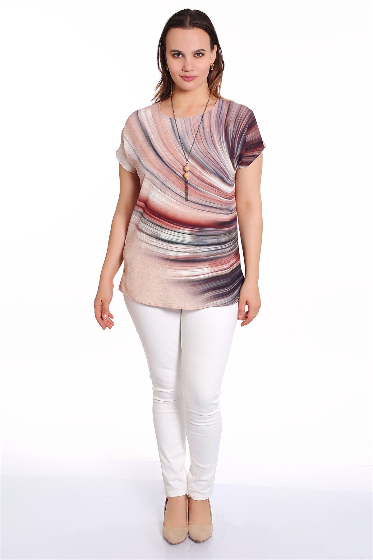 Dalga Desenli Düşük Kol Pudra Bluz