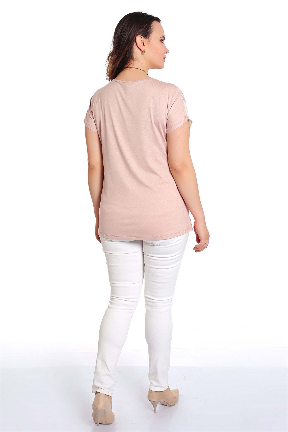 Dalga Desenli Düşük Kol Pudra Bluz