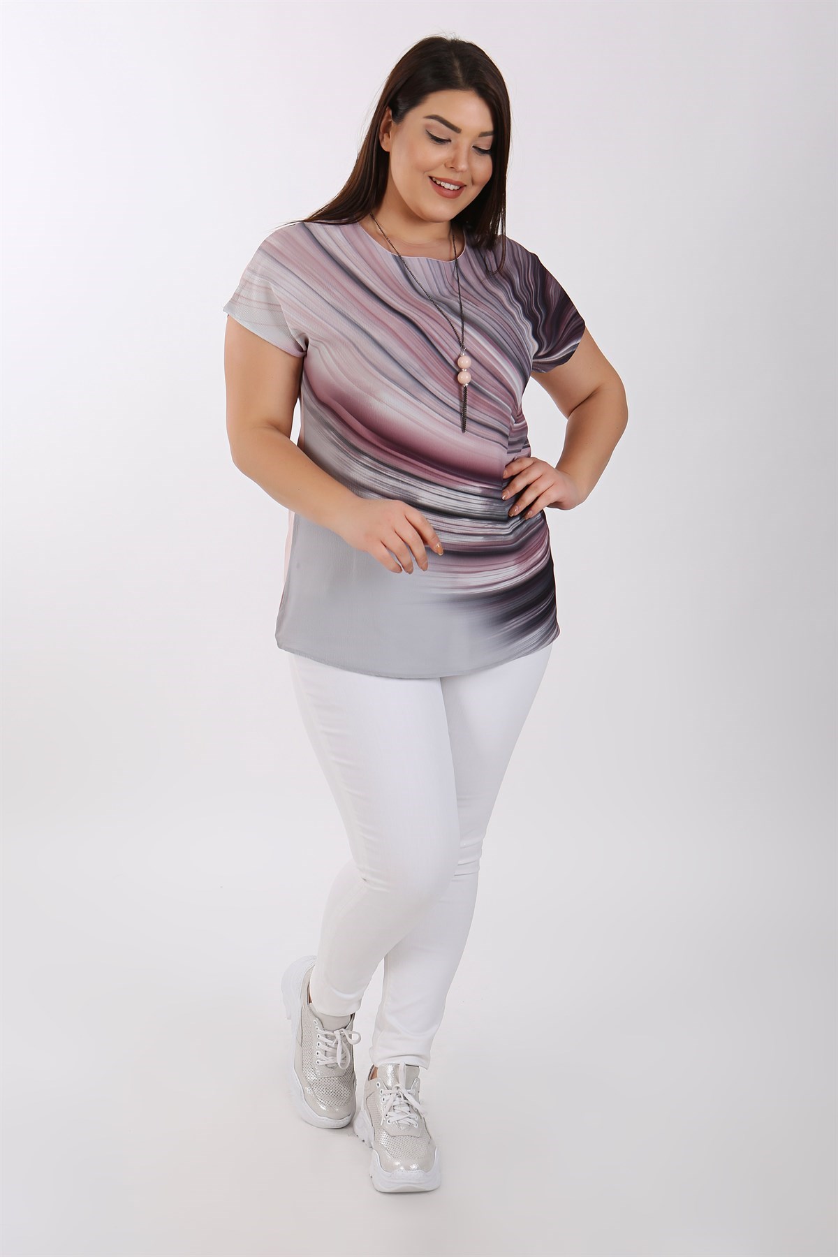 Dalga Desenli Düşük Kol Pudra Bluz