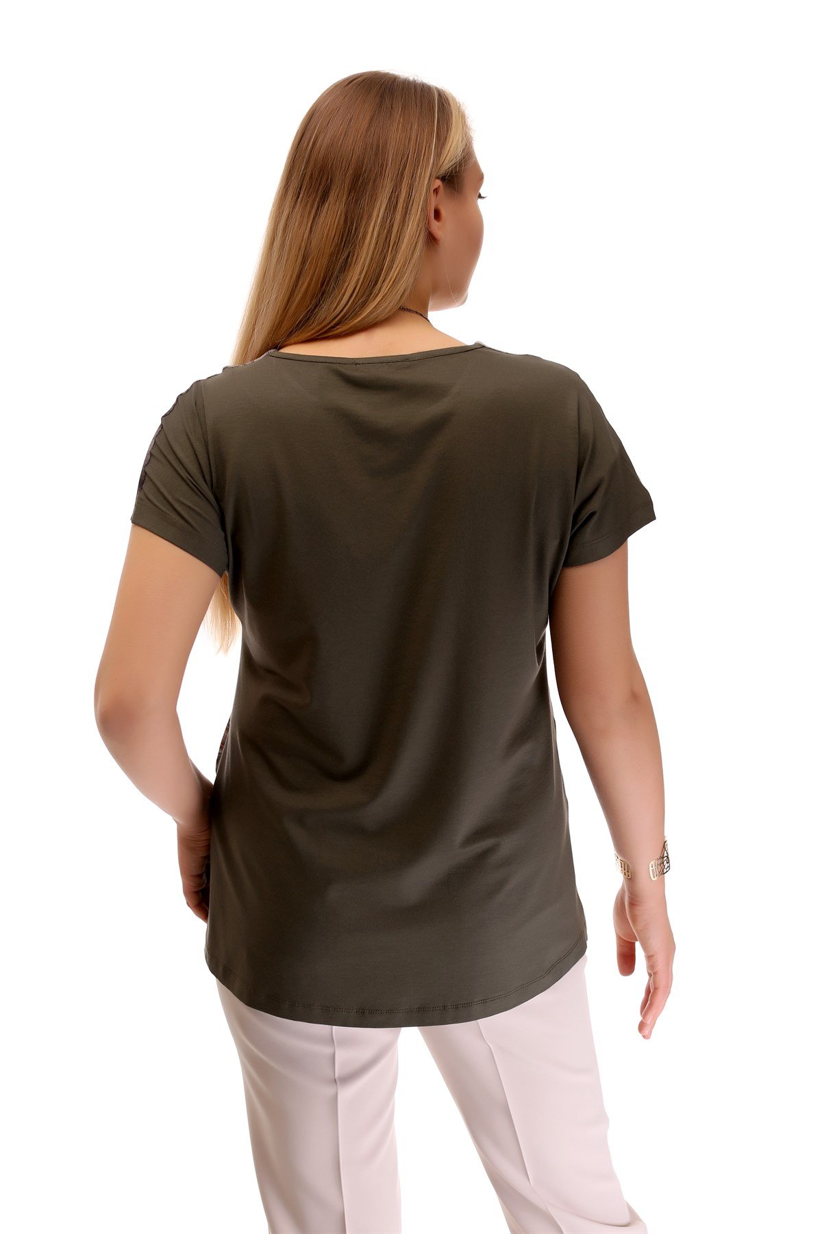 DİJİTAL BASKI DÜŞÜK KOL BLUZ HAKİ