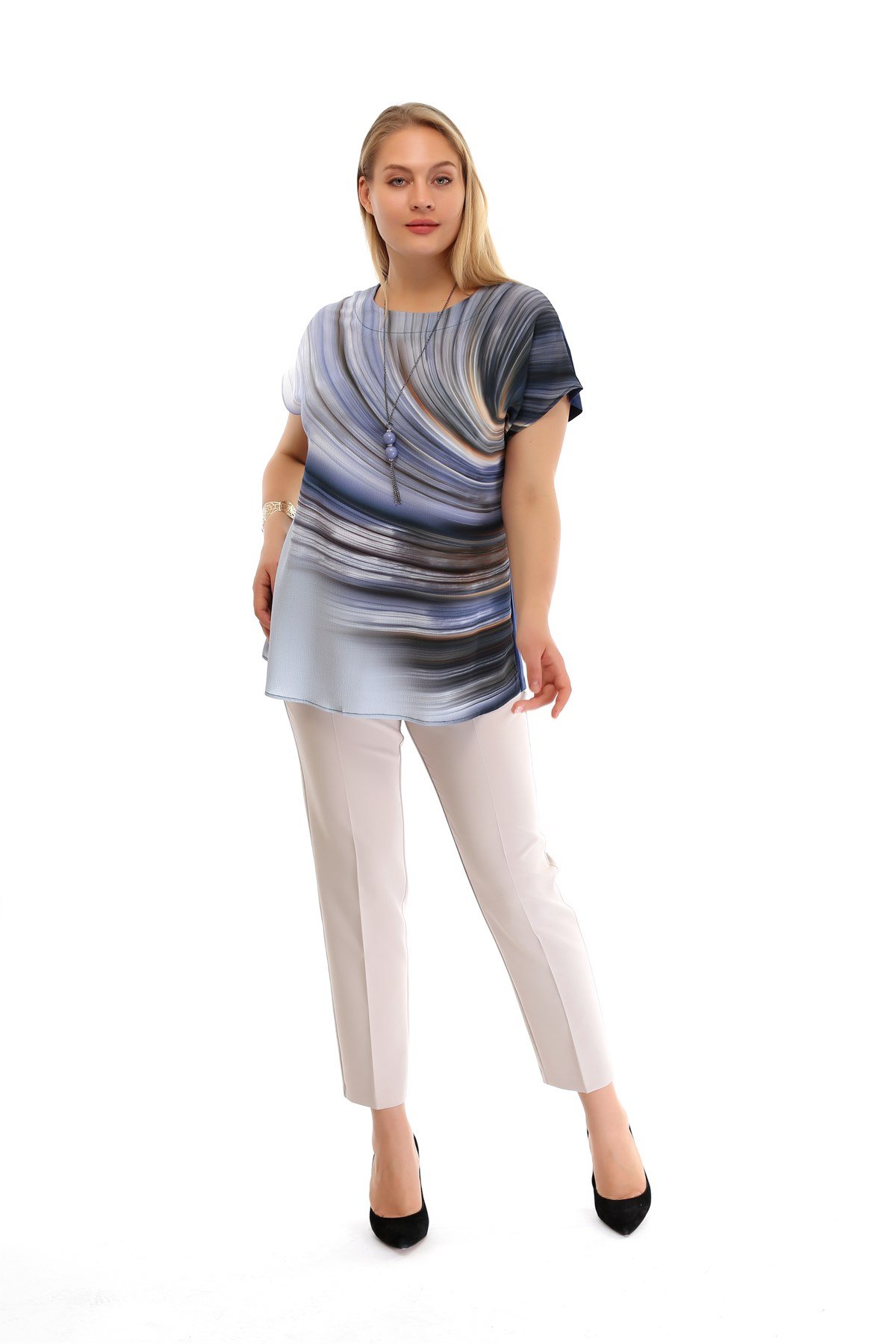 DİJİTAL BASKI DÜŞÜK KOL BLUZ INDİGO