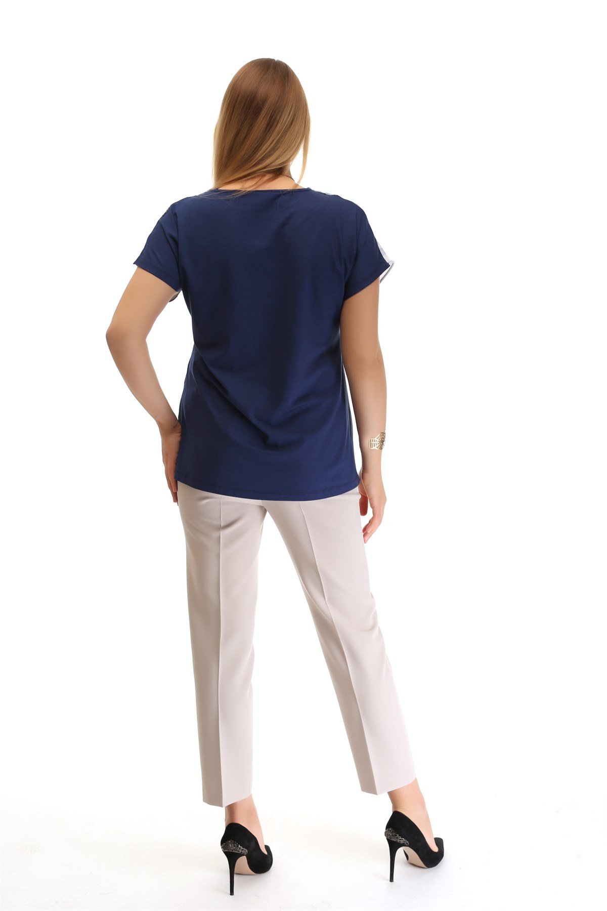 DİJİTAL BASKI DÜŞÜK KOL BLUZ INDİGO