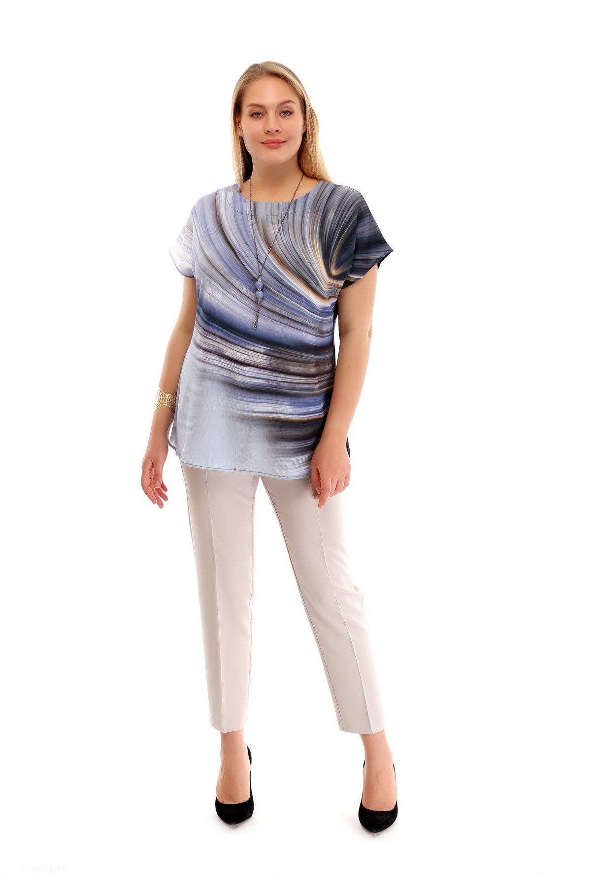 DİJİTAL BASKI DÜŞÜK KOL BLUZ INDİGO