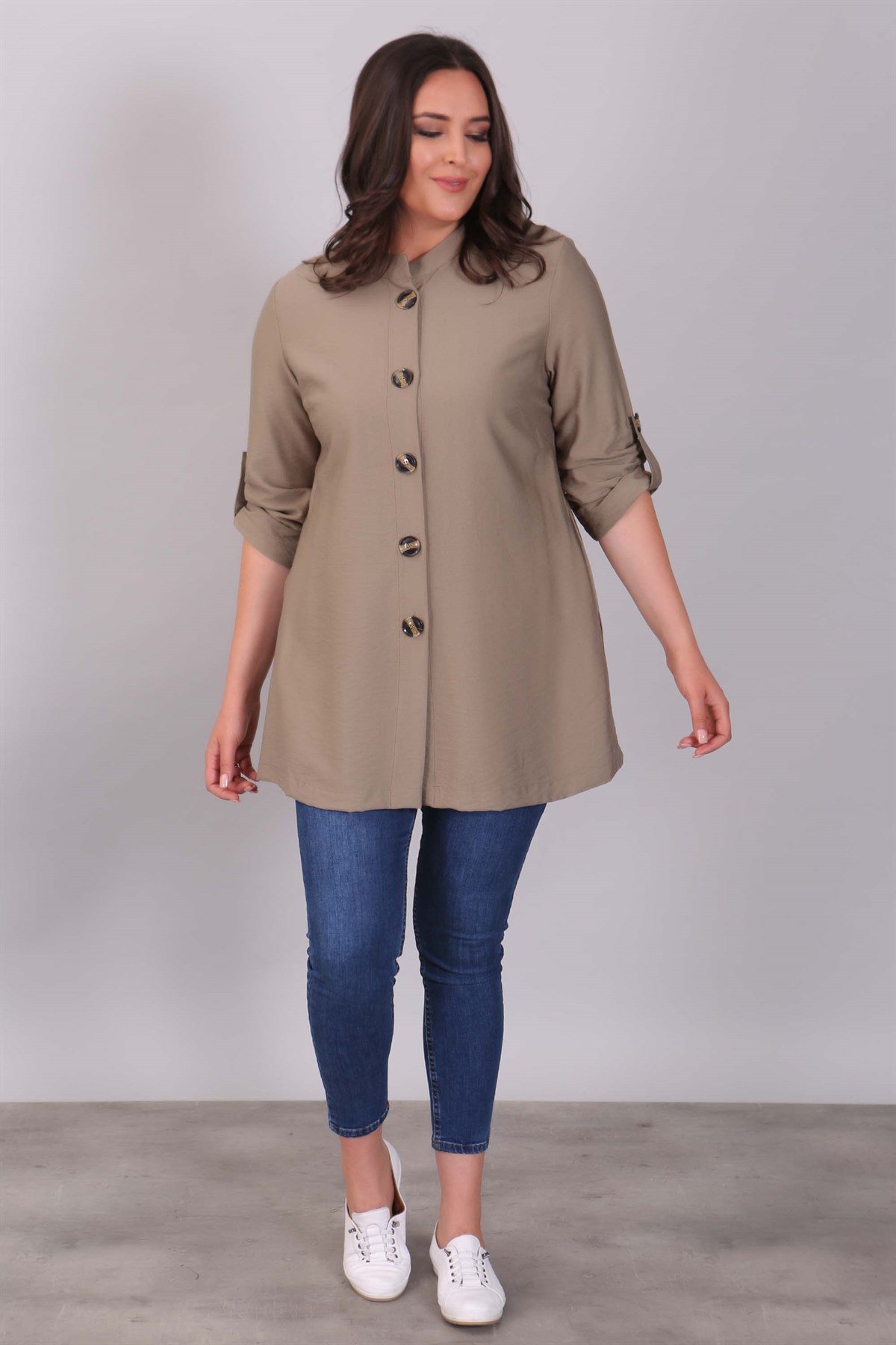 Düğmeli Hakim Yaka Haki Ceket